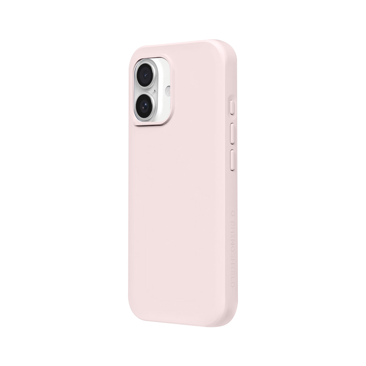 Een zachtroze telefoonhoes met camerauitsparing, zijknopjes en logo.