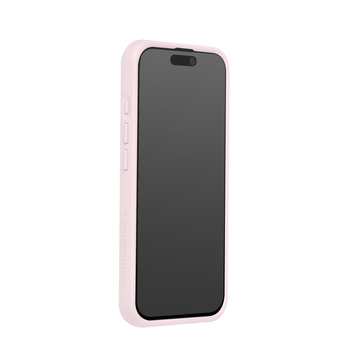 Een roze telefoonhoes met zwart scherm en zijknopjes, schuine weergave.