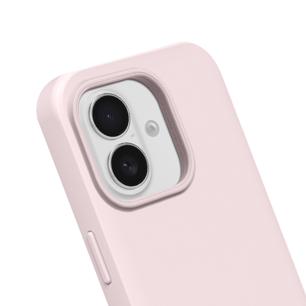 Close-up van een roze telefoonhoesje met dubbele camera en flitser.
