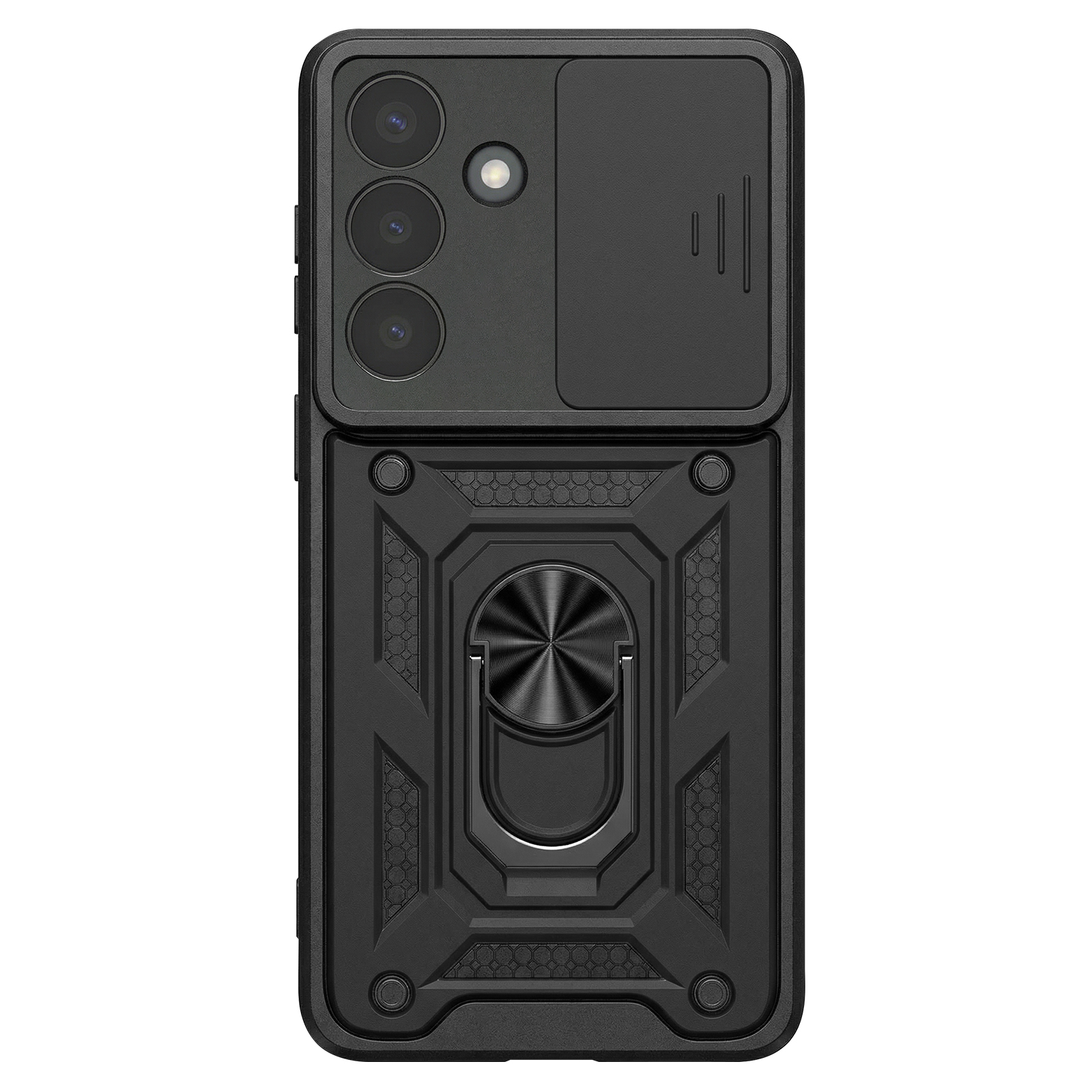 Zwarte telefoonhoes met drievoudige camera, schuifhoes en ringhouder.