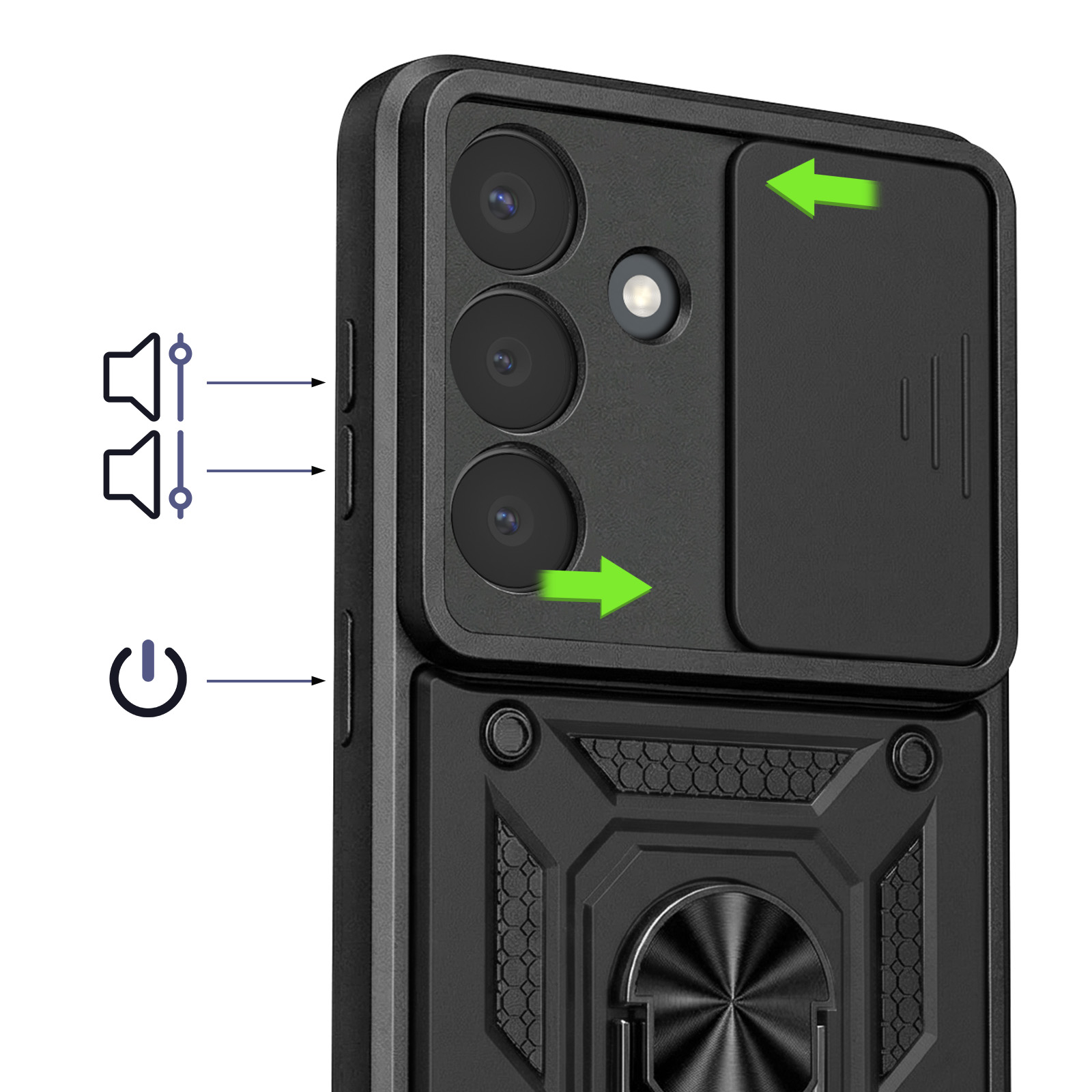 Zwarte telefoonhoes met camera's, schuifafdekking en ringhouder.