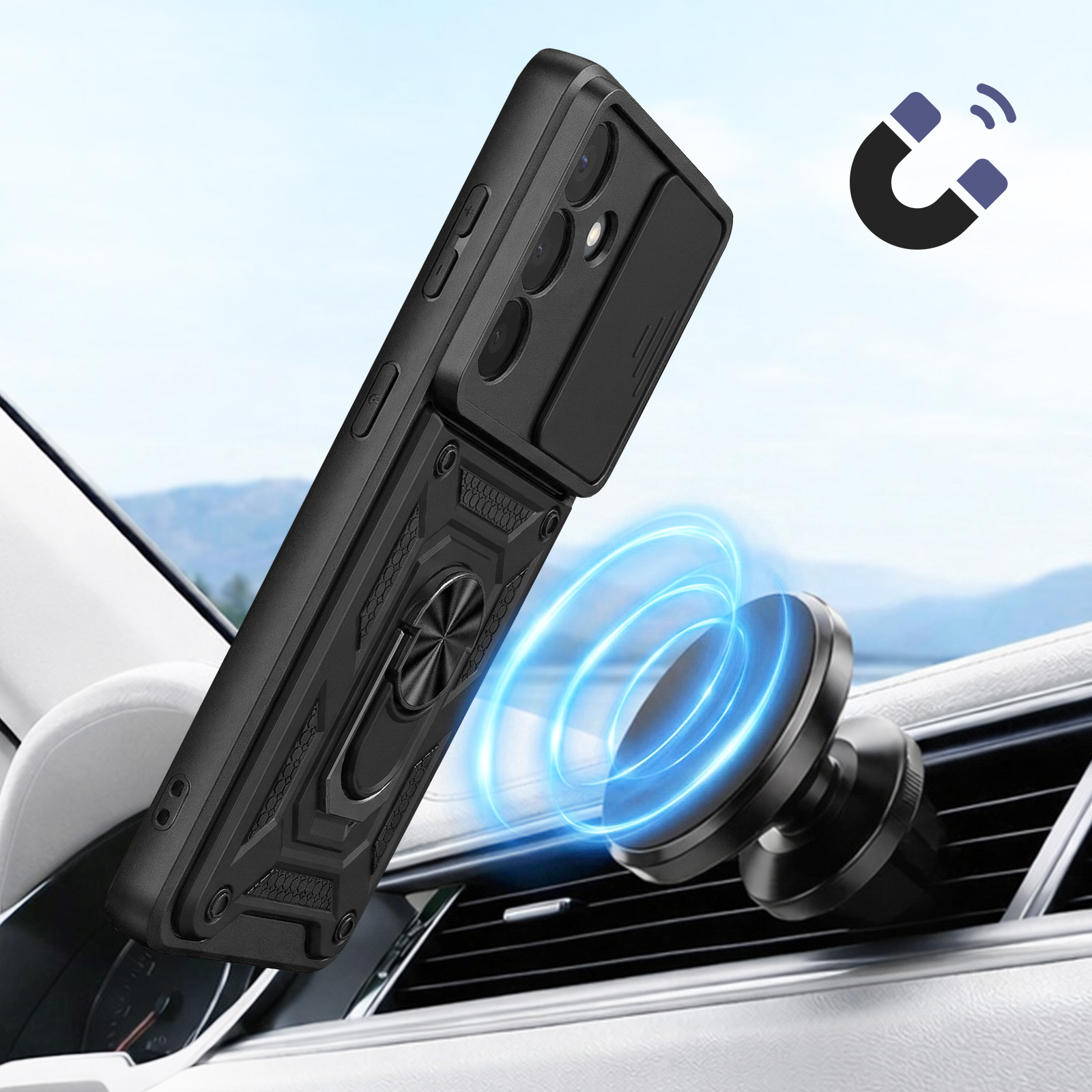 Zwarte telefoonhoes met magnetische autohouder en blauwe ringen.