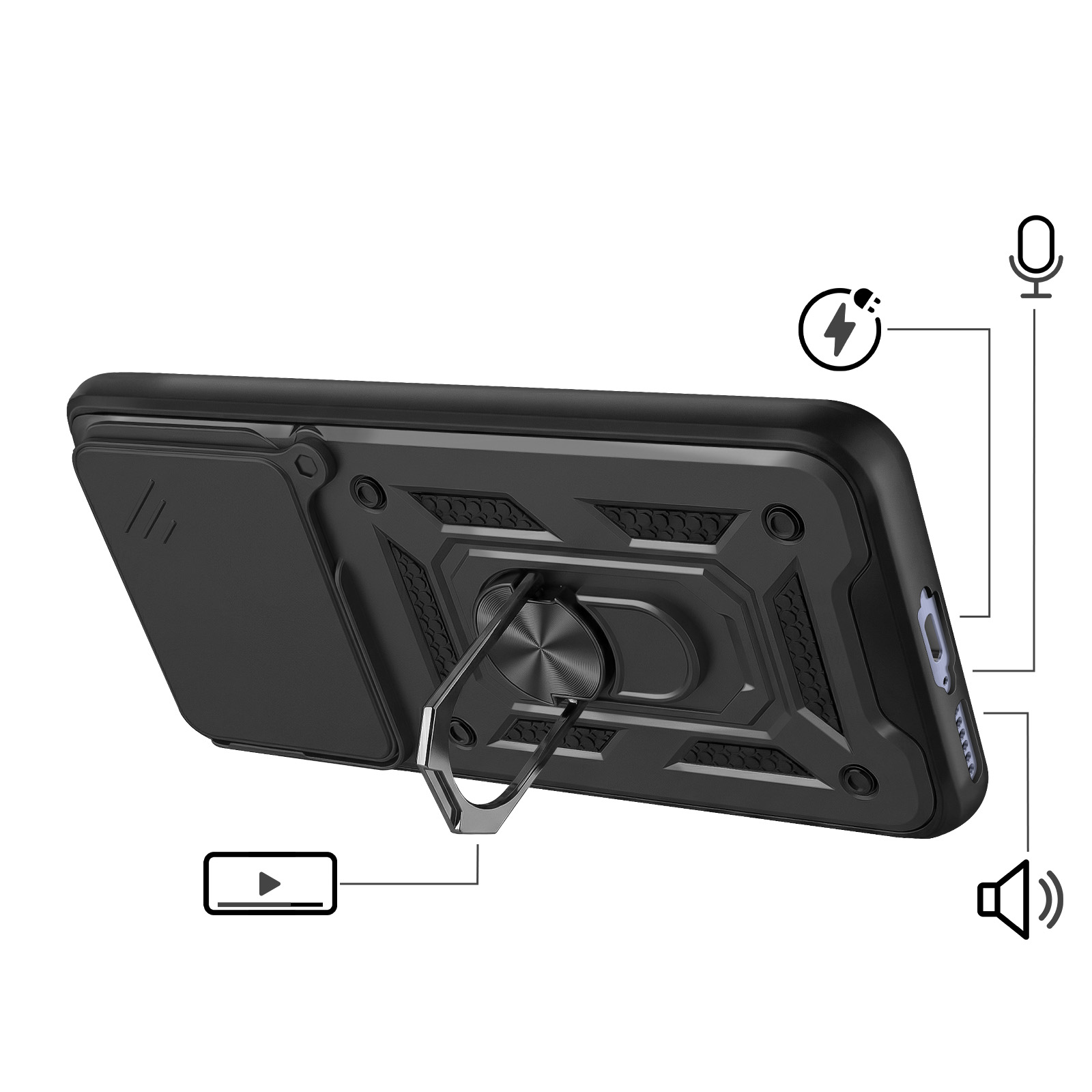 Schwarze Handyhülle mit Ringhalterung, Lade- und Mikrofonsymbolen.