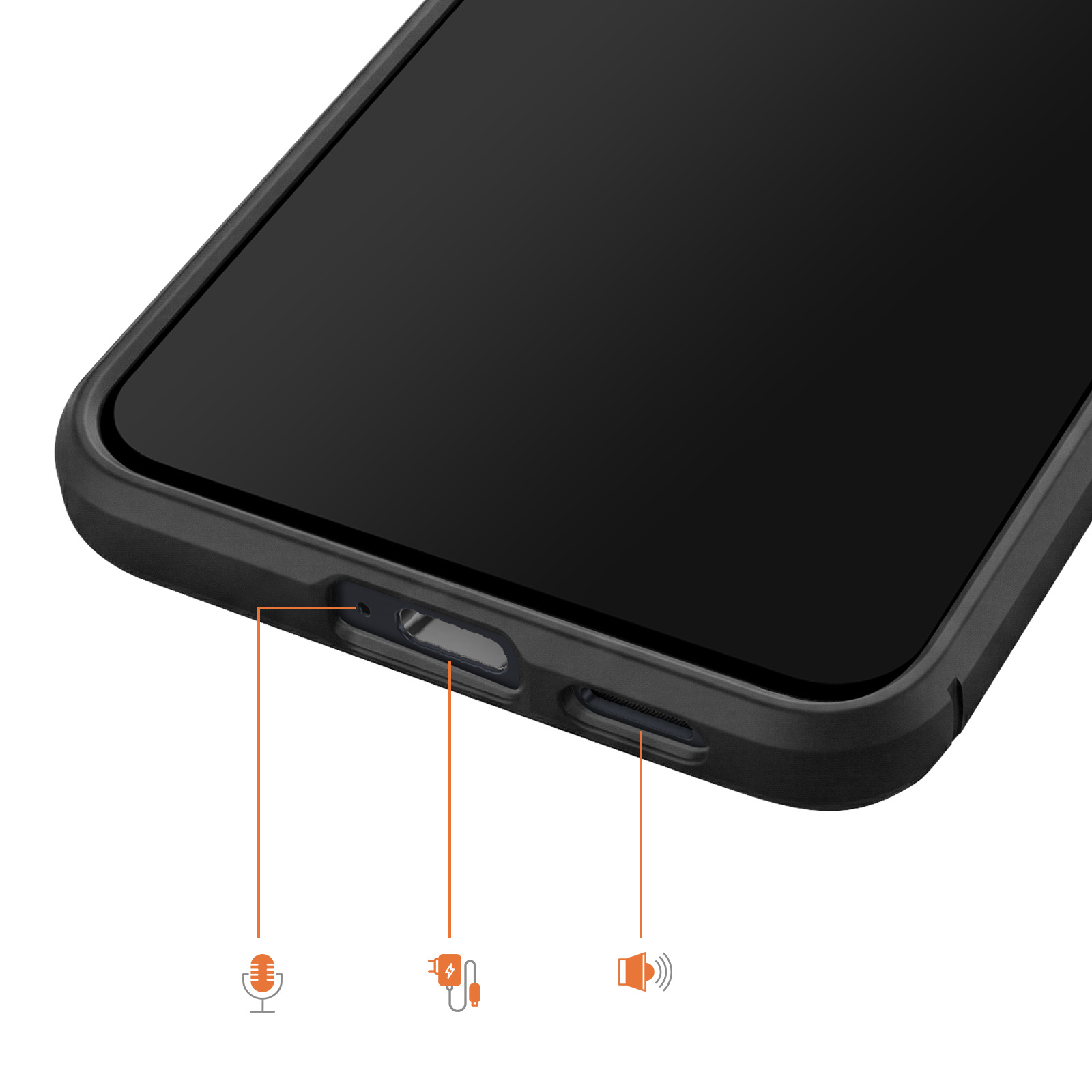 Ein schwarzes Smartphone mit Anschlüssen für Mikrofon, Aufladung und Lautsprecher.
