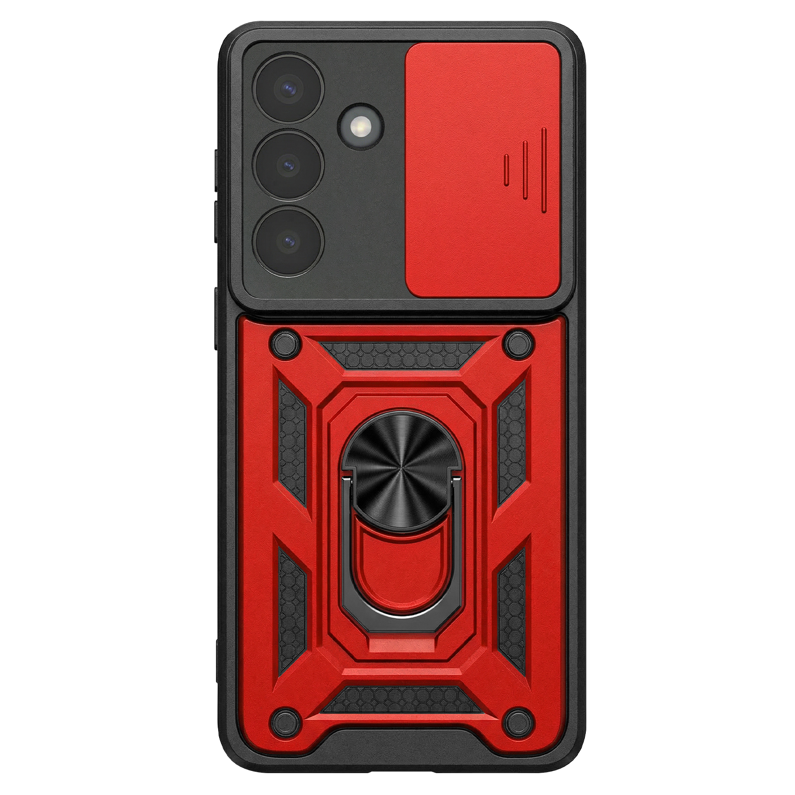 Rood en zwart telefoonhoesje met drie camera's en ringhouder.