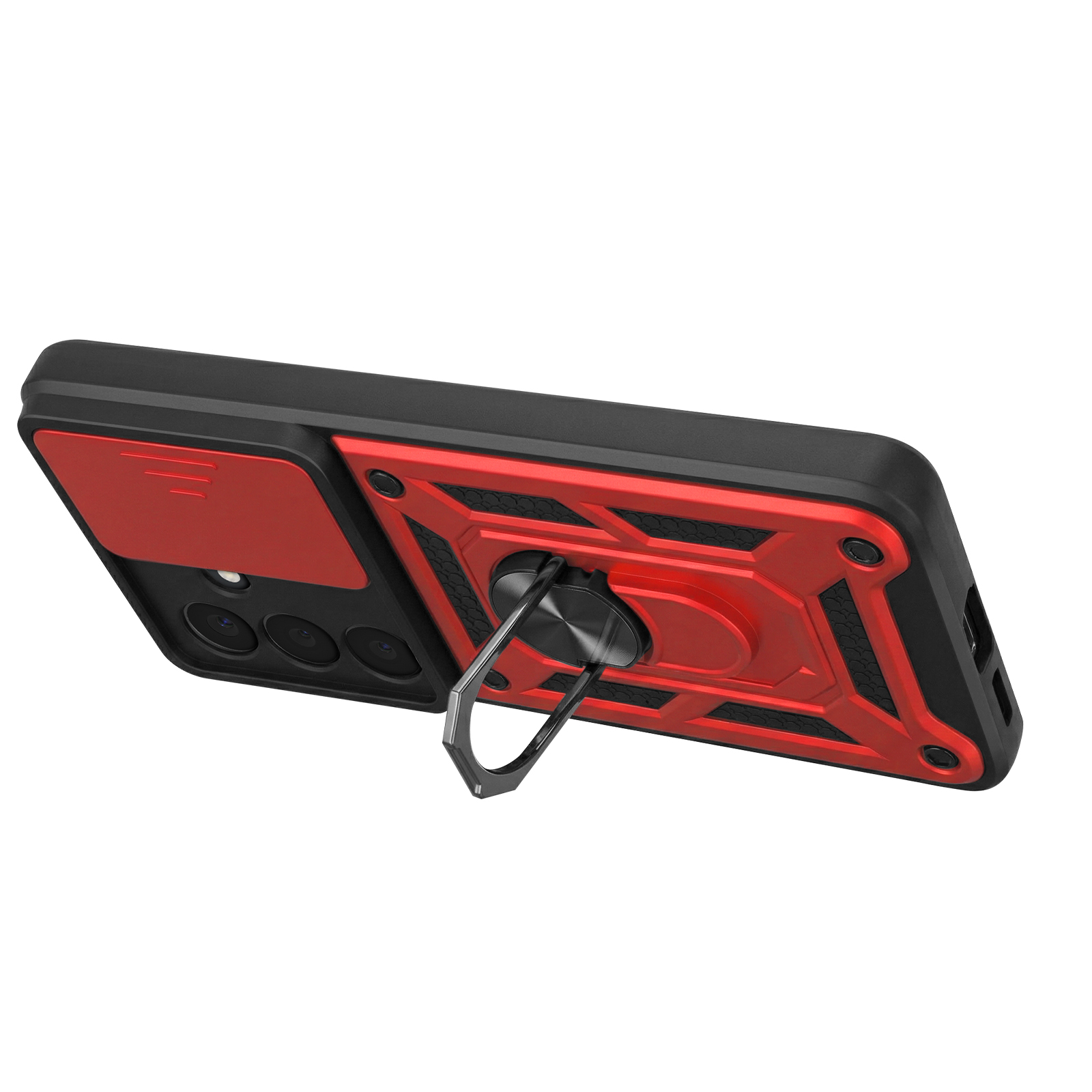 Rood en zwart telefoonhoesje met ringhouder aan de achterkant.