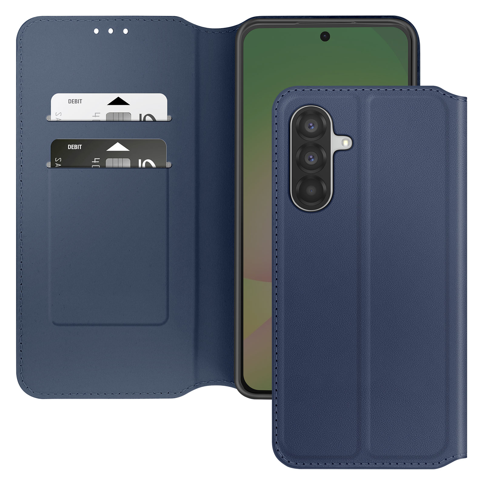 Funda de teléfono azul con ranuras para tarjetas y tres lentes.