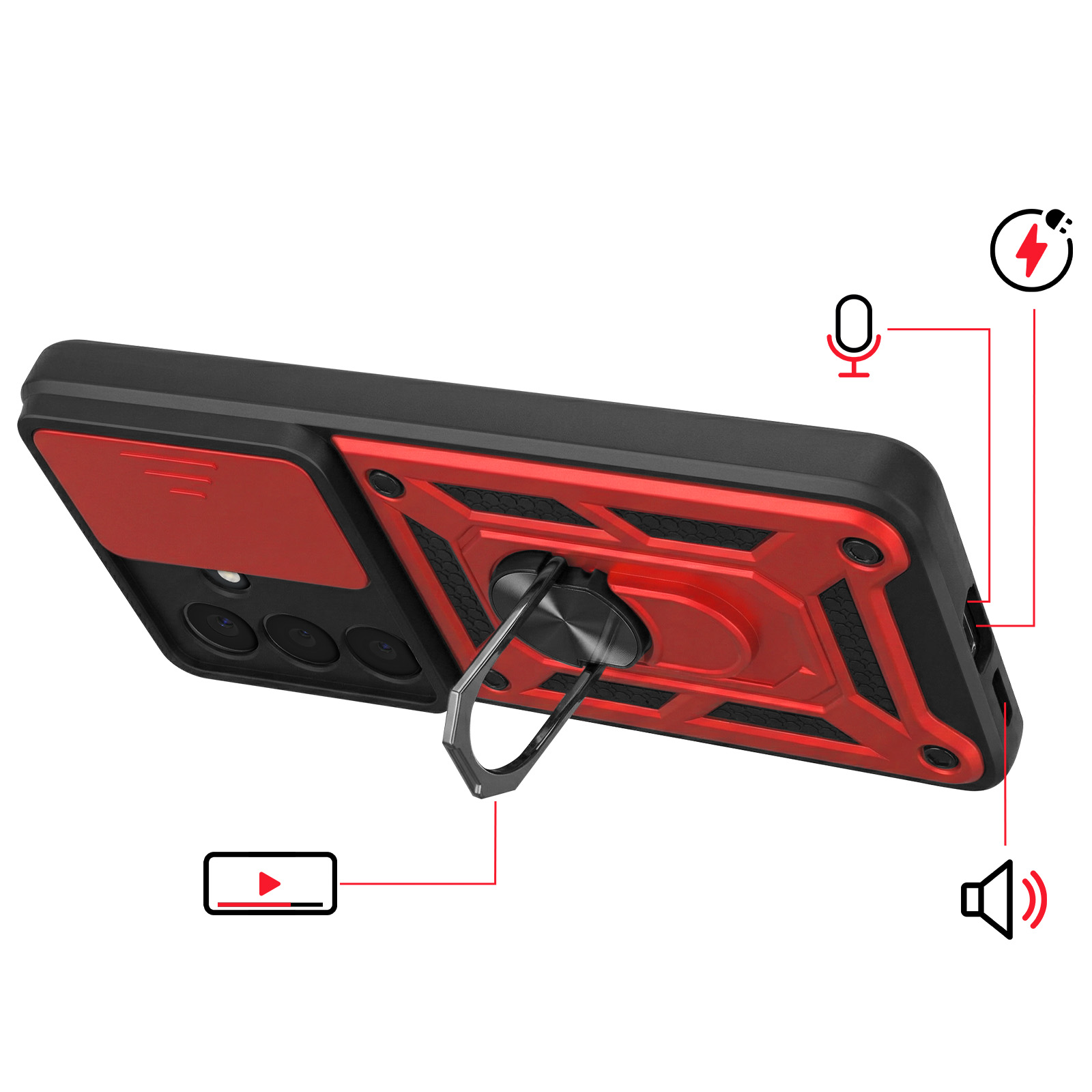 Zwart en rood telefoonhoesje met standaard, camerabedekking, microfoon & volume-iconen.