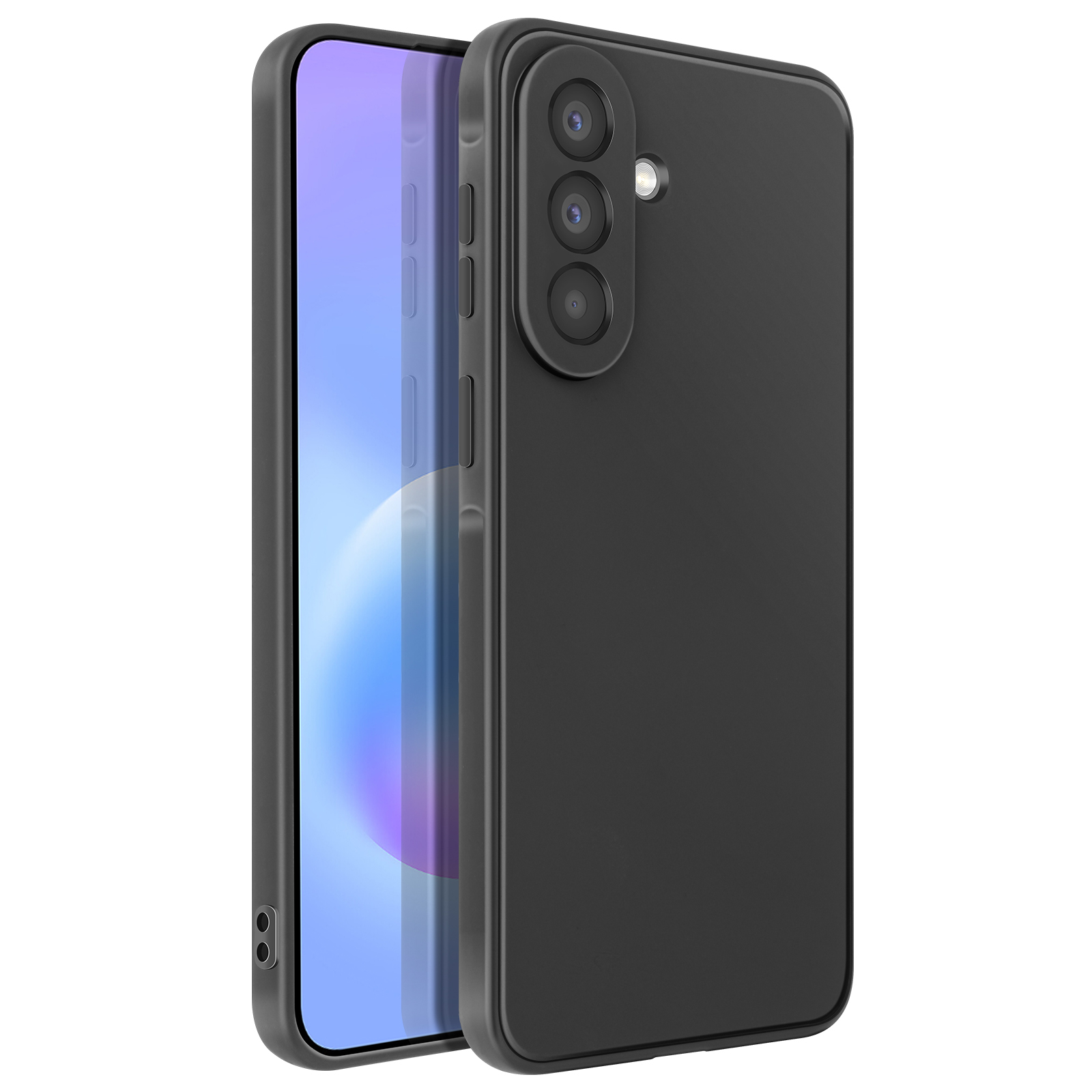 Coque de téléphone noire avec trois caméras et flash à l'arrière.
