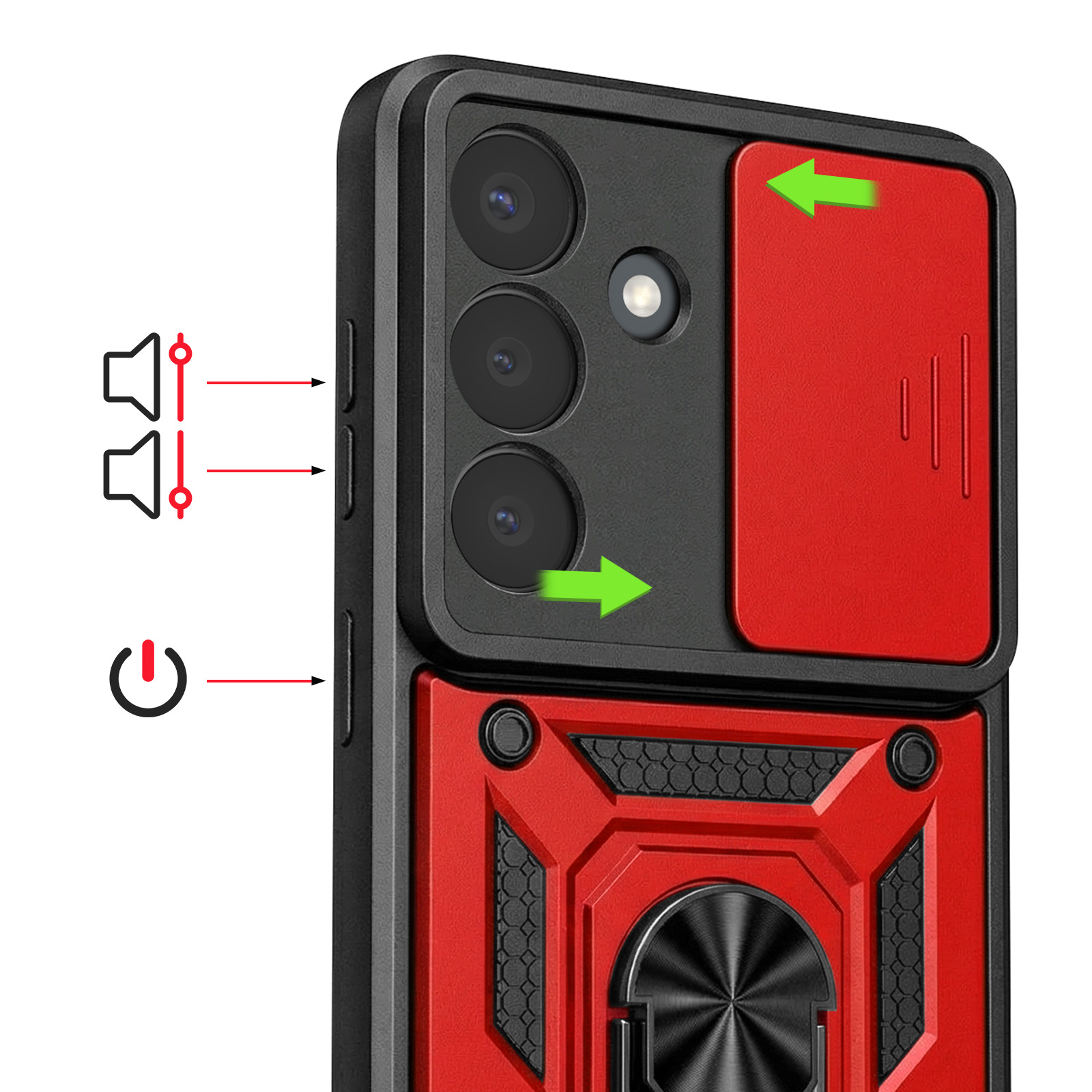 Rood en zwart telefoonhoesje met camera's, knoppen en ringhouder.