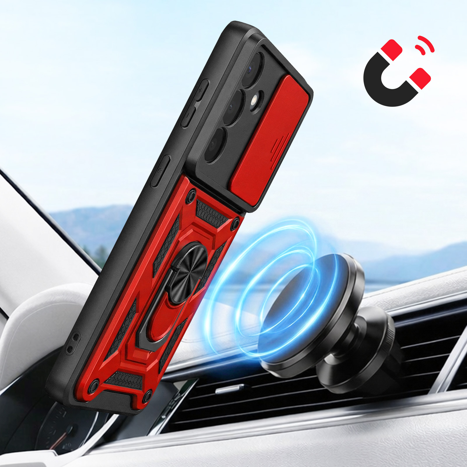 Rood en zwart telefoonhoesje met ringhouder op auto-ventilatie, magneet symbool.
