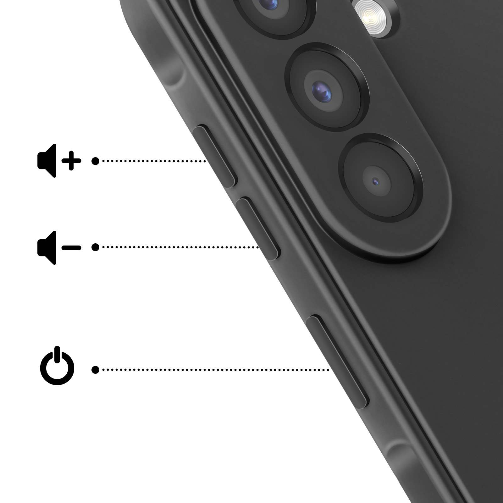 Smartphone noir avec icônes de volume et d'alimentation.