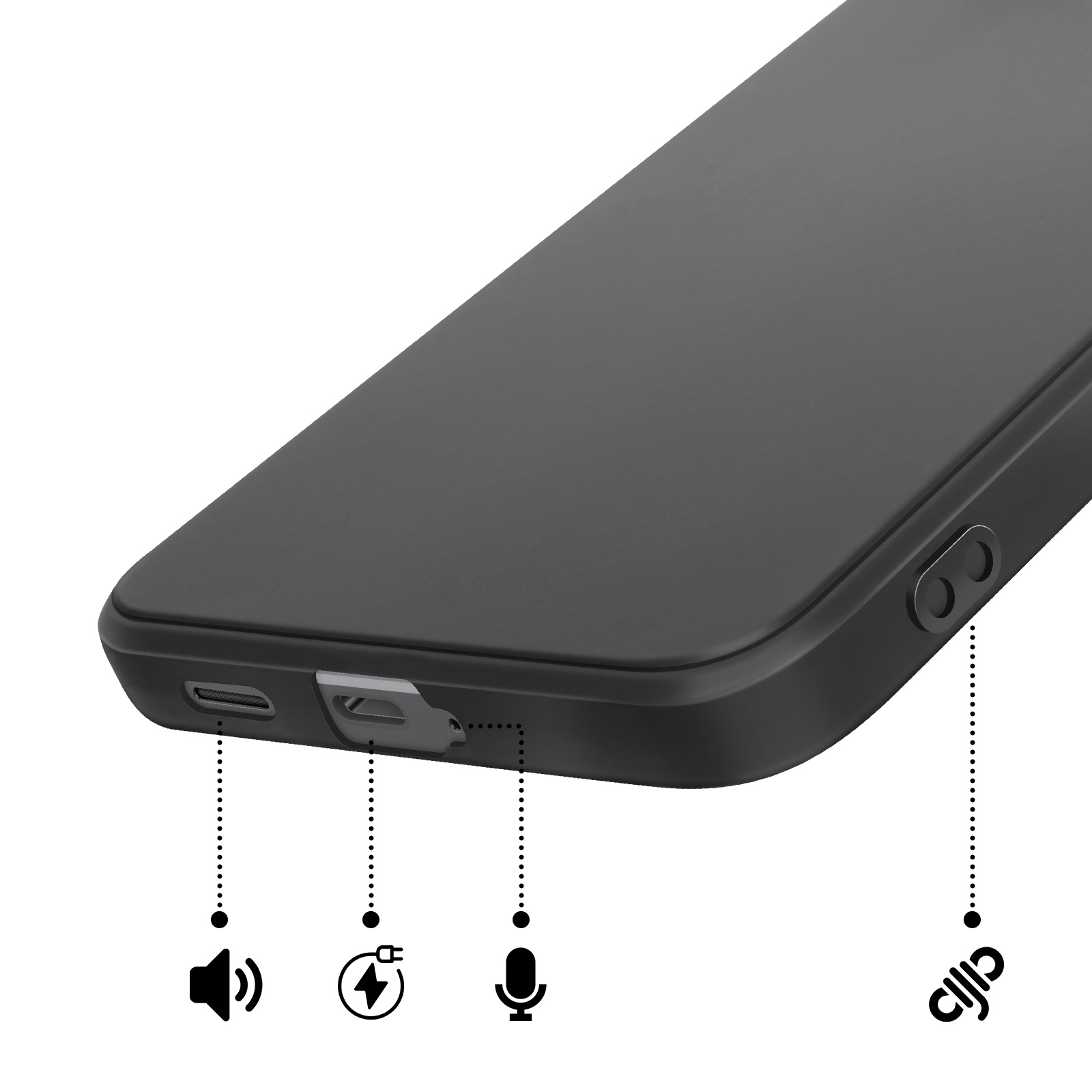 Coque de téléphone noire avec icônes pour haut-parleur, charge et micro.
