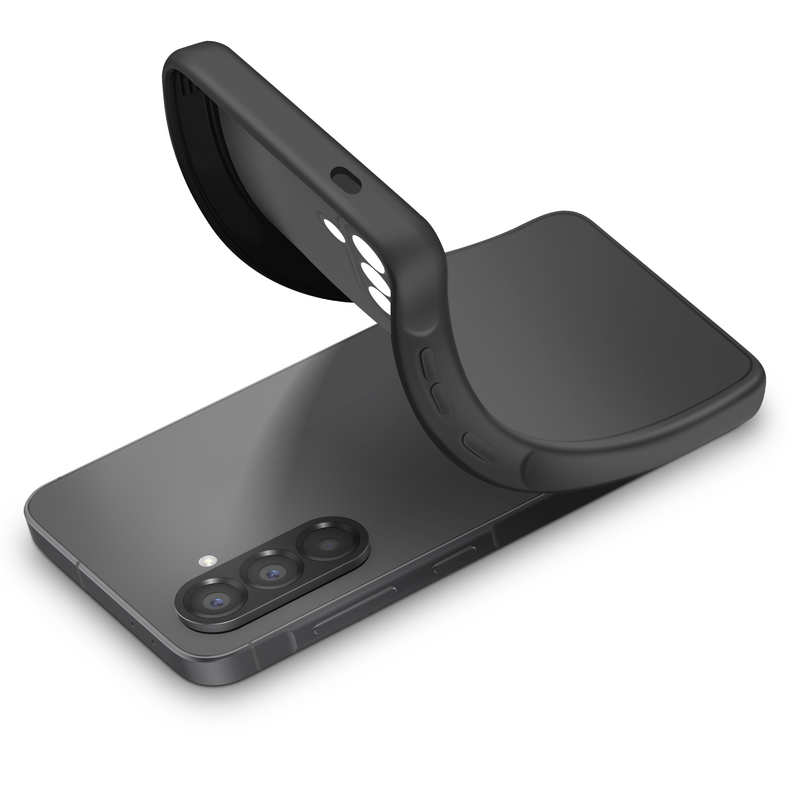 Smartphone noir avec coque légèrement courbée et trois caméras.