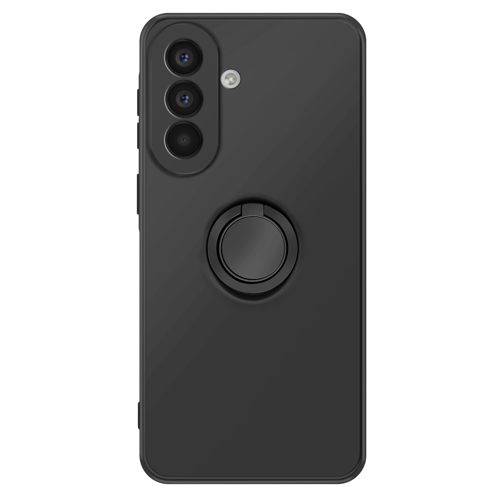 Zwarte smartphone met drie camera's en een ringhouder aan de achterkant.