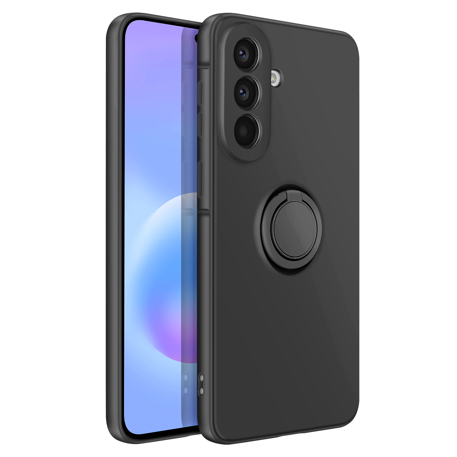 Zwarte smartphone met drievoudige camera en ringhouder op witte achtergrond.