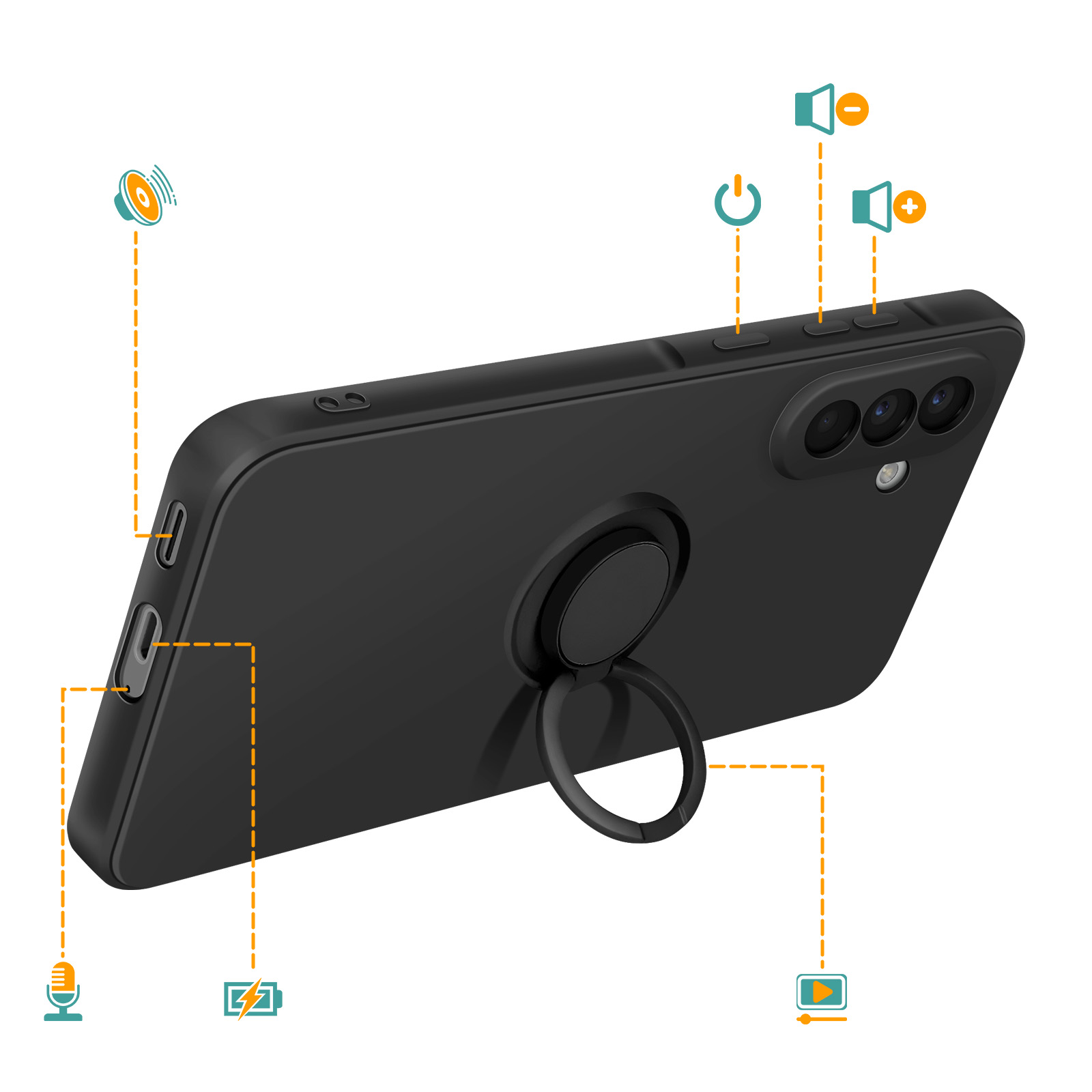 Zwarte telefoonhoes met ringhouder en iconen voor volume, aan/uit, microfoon en batterij.