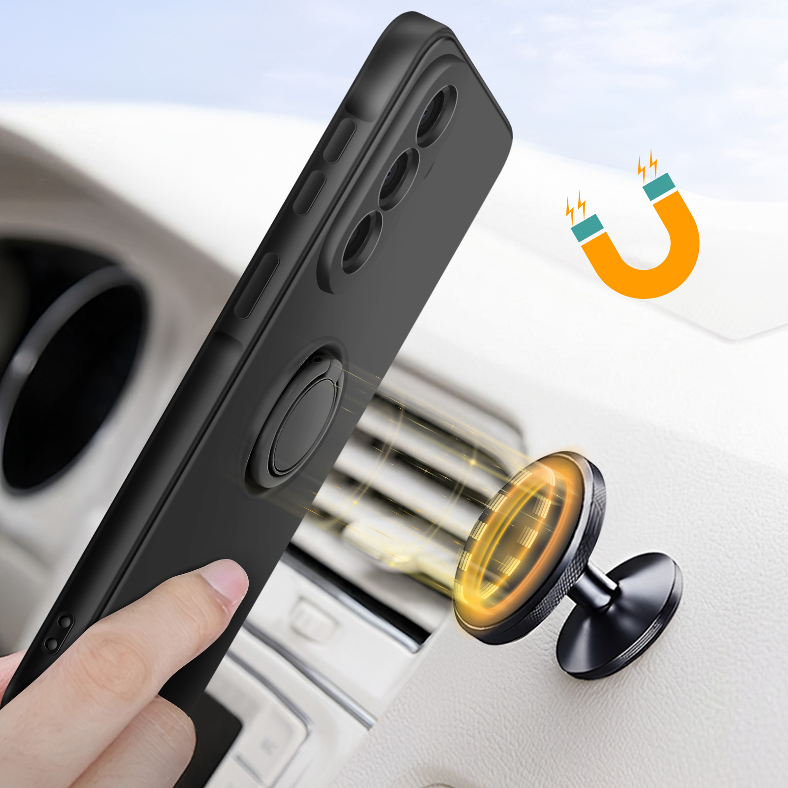 Zwarte telefoonhoes met ringhouder bevestigt magnetisch aan auto-houder.