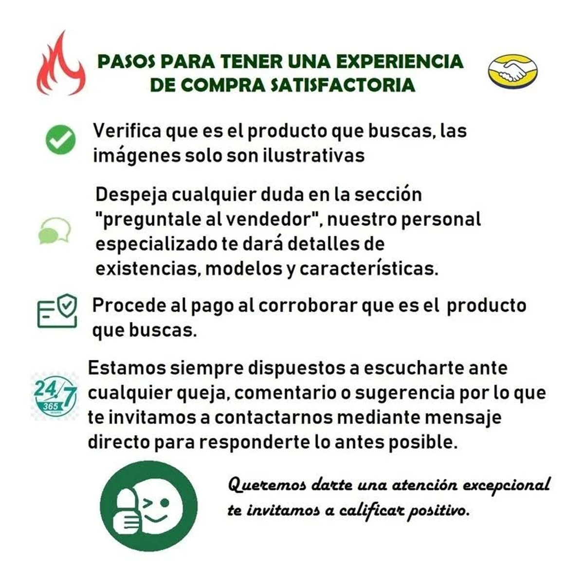 Pasos para una experiencia de compra satisfactoria: Verifica producto, haz preguntas, paga, califica.