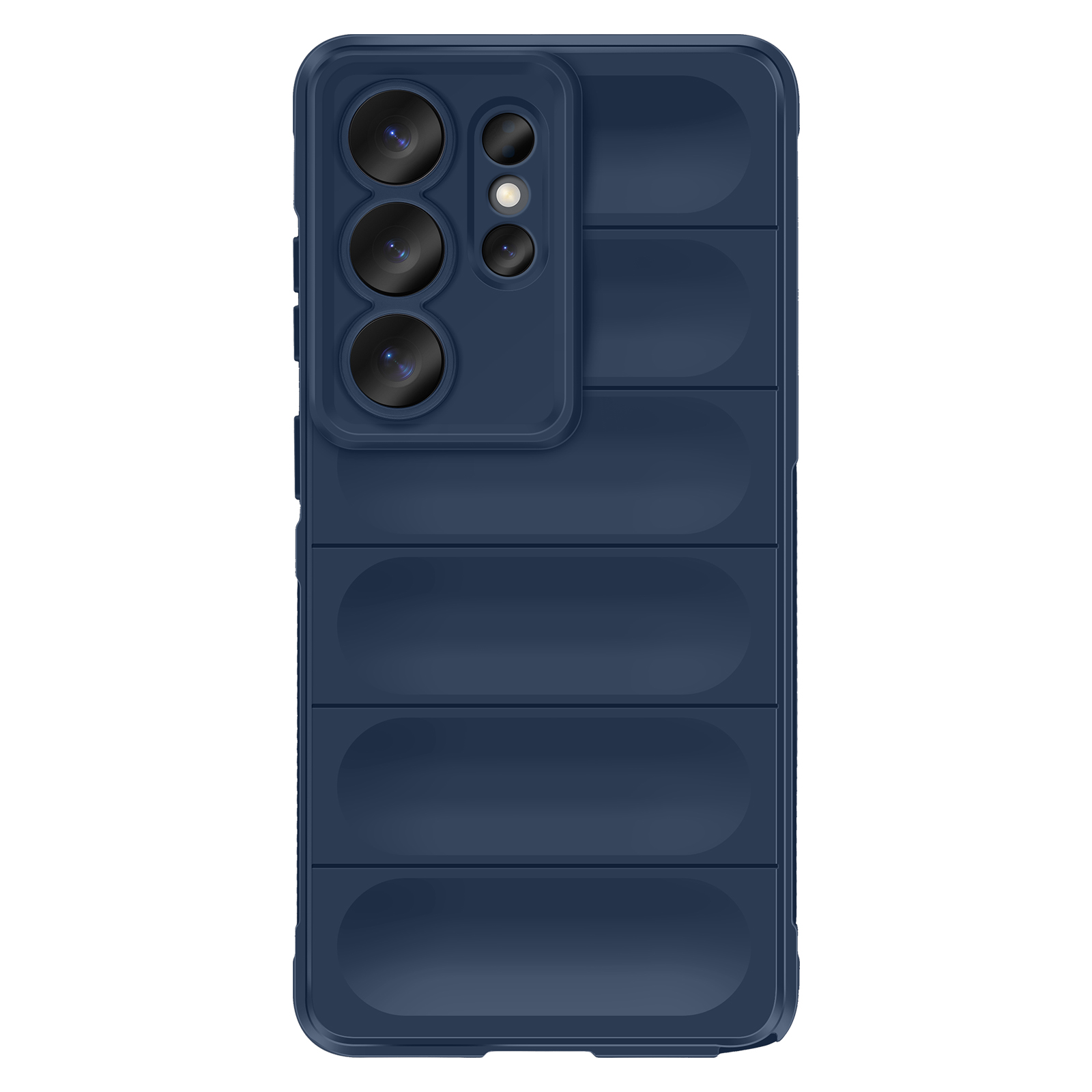 Donkerblauwe telefoonhoes met vier camera's en horizontale richels.