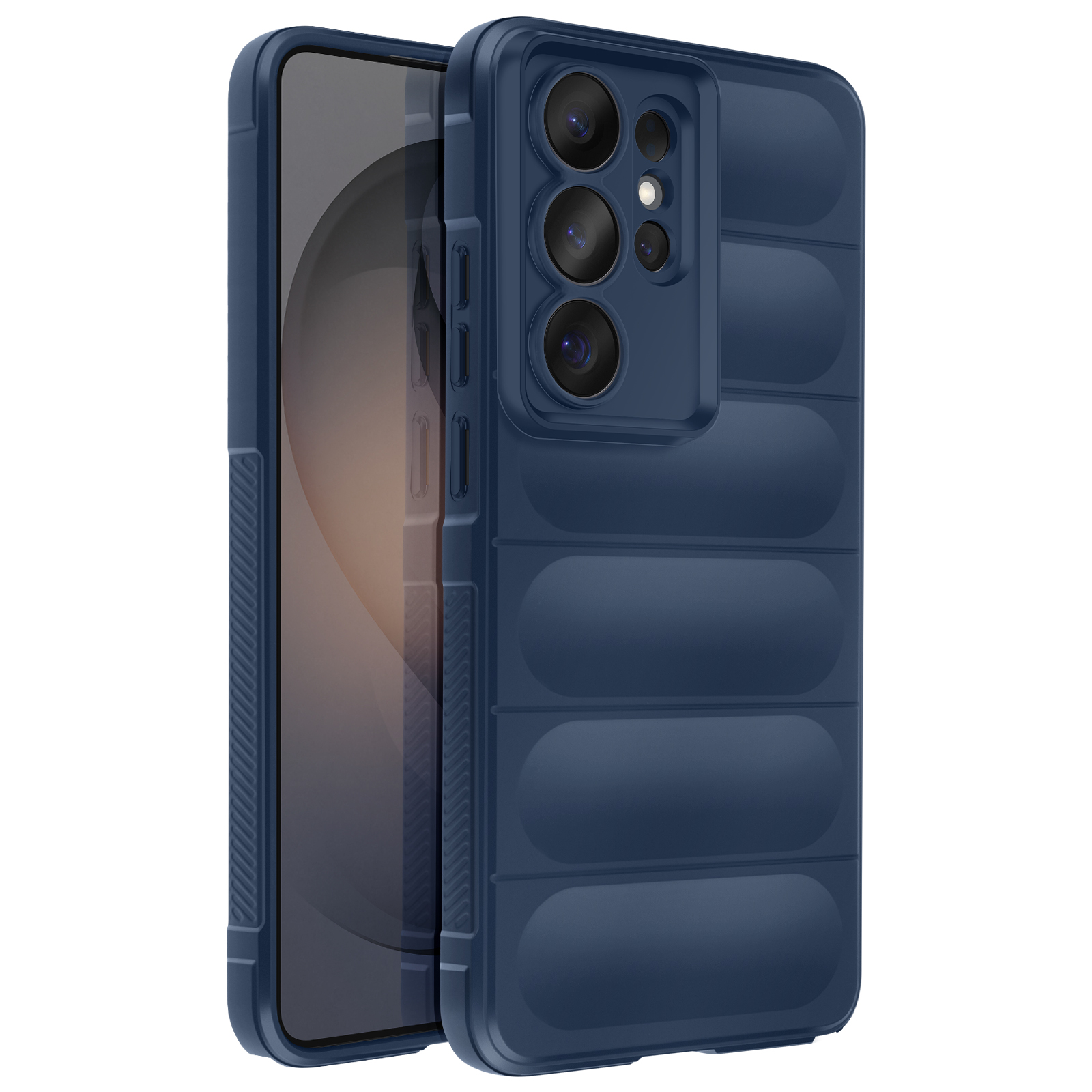 Donkerblauwe telefoonhoes met horizontale ribbels en cameramodule.