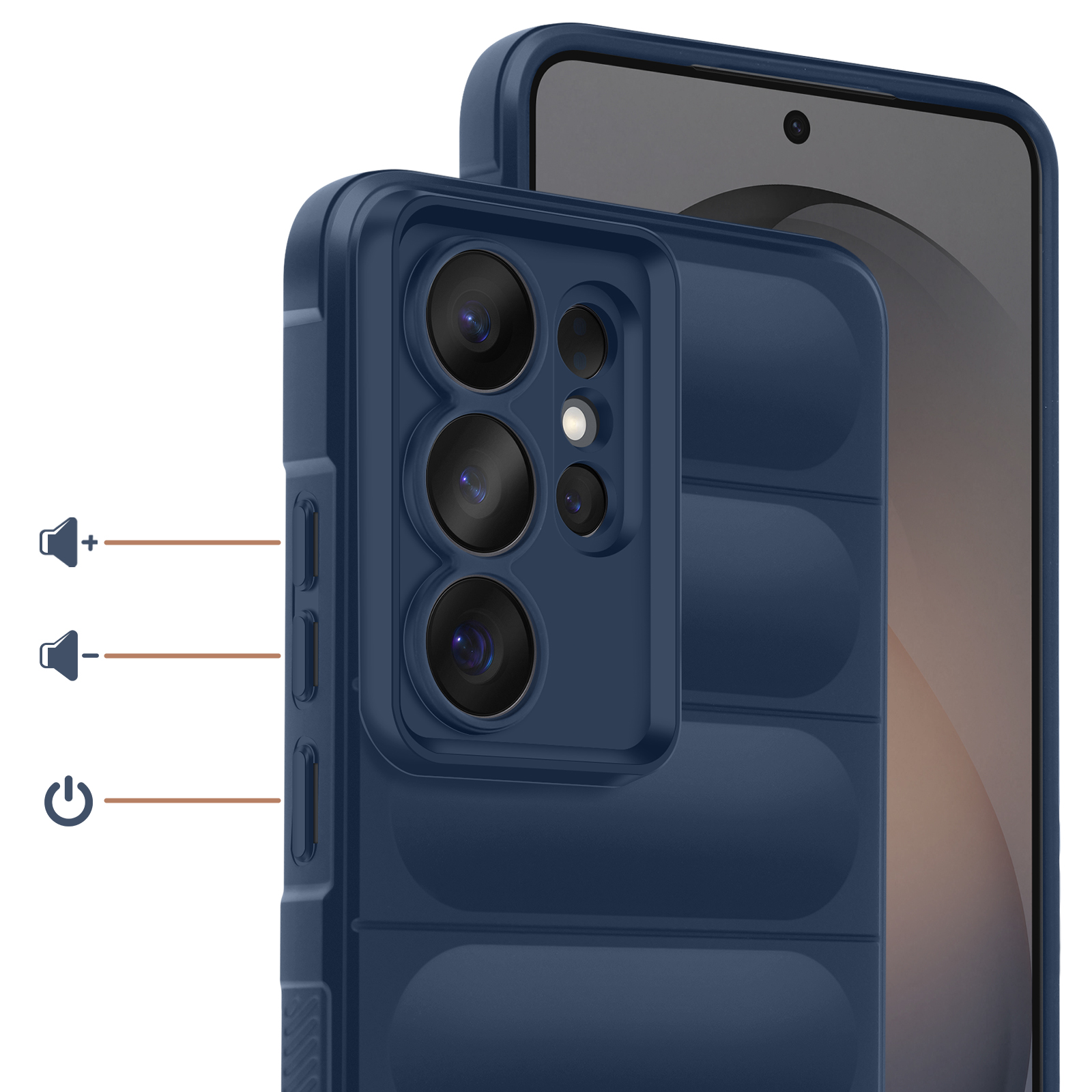 Donkerblauwe telefoonhoes met vier camera's. Volume- en aan/uit-knoppen zichtbaar.