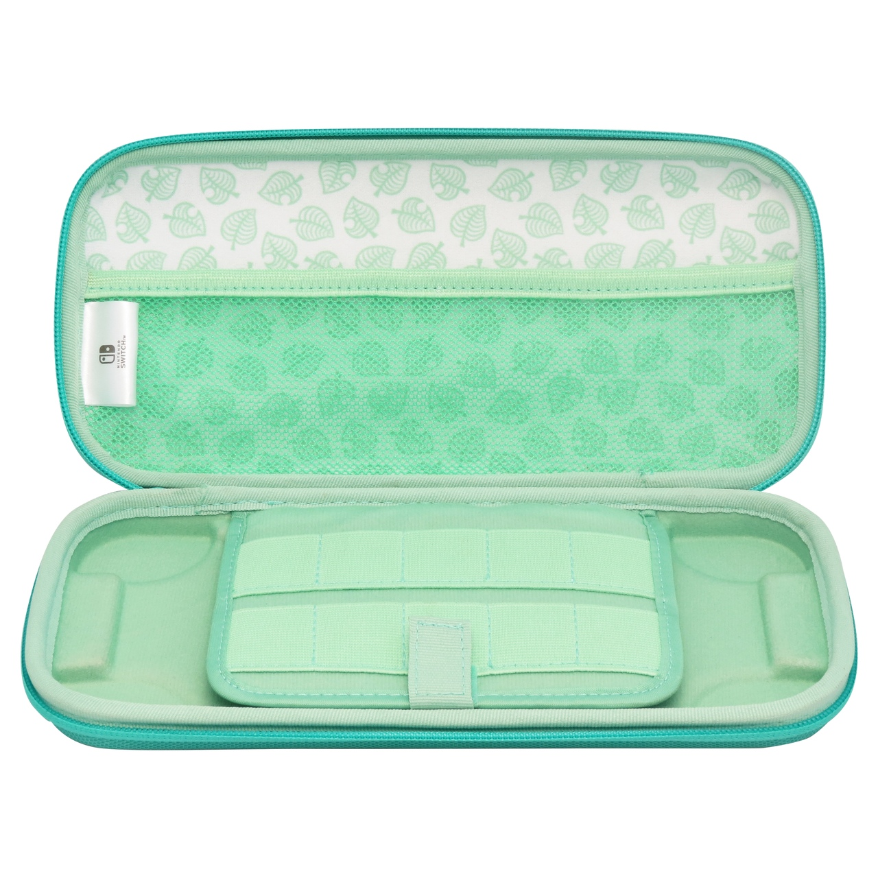 Otwarty turkusowy futerał Nintendo Switch z podszewką w liście i gumkami.