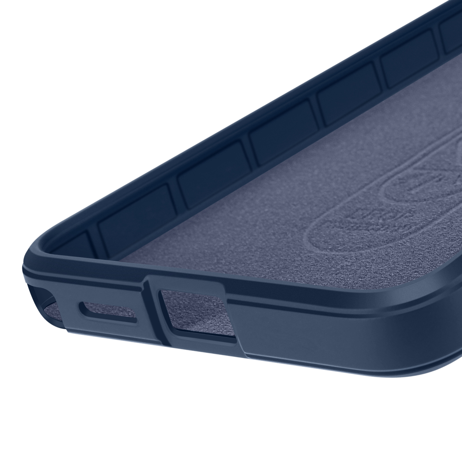Donkerblauwe telefoonhoes met getextureerde binnenkant en uitsparingen.