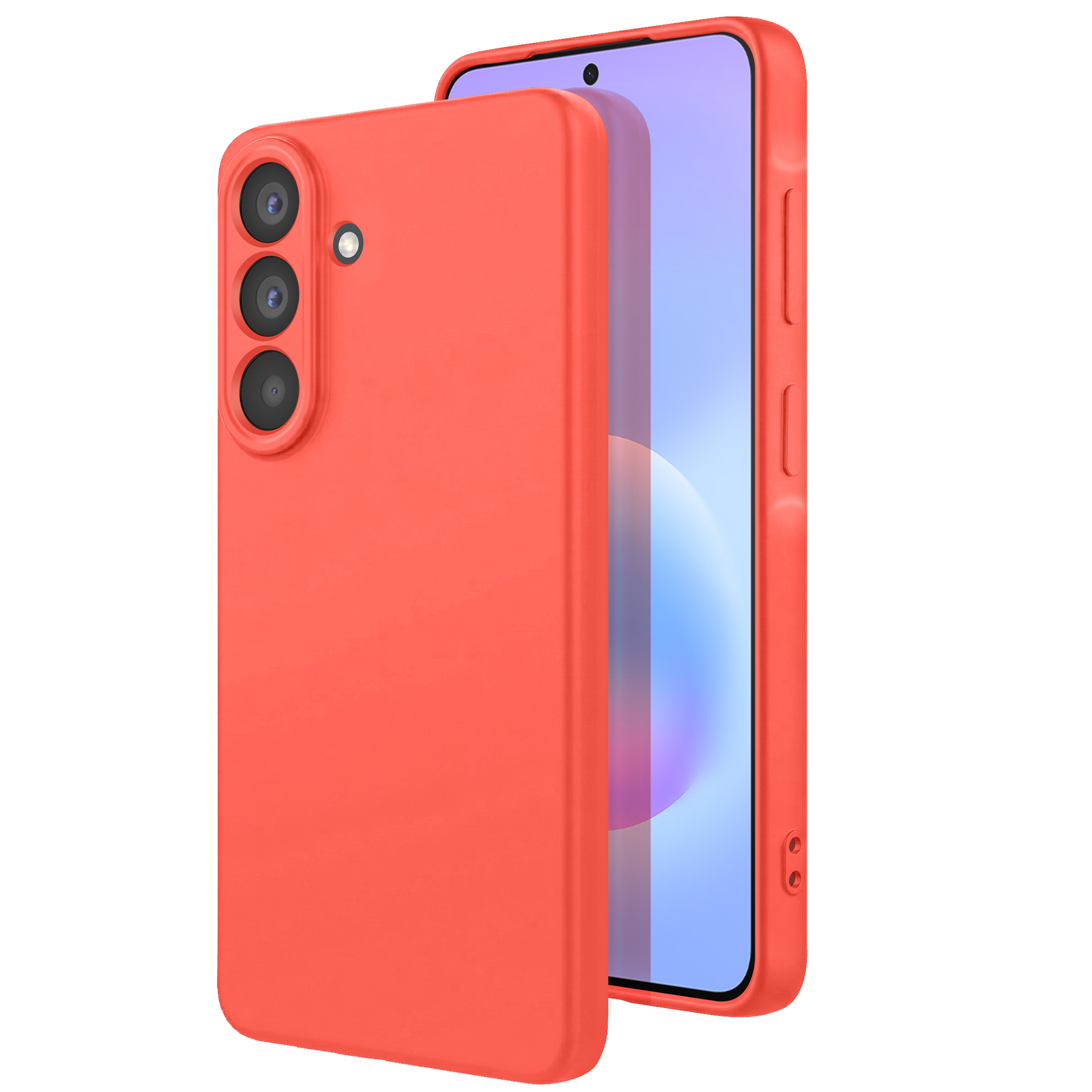 Rote Handyhülle mit drei Kameras und einem Smartphone mit blauem Bildschirm.