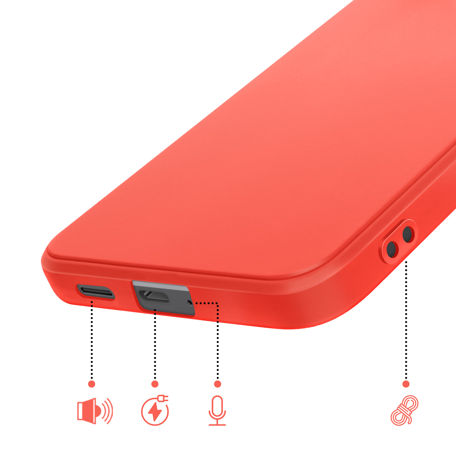 Rotes Handy mit Anschlüssen: Lautsprecher, Ladebuchse, Mikrofon und Kopfhörerbuchse.