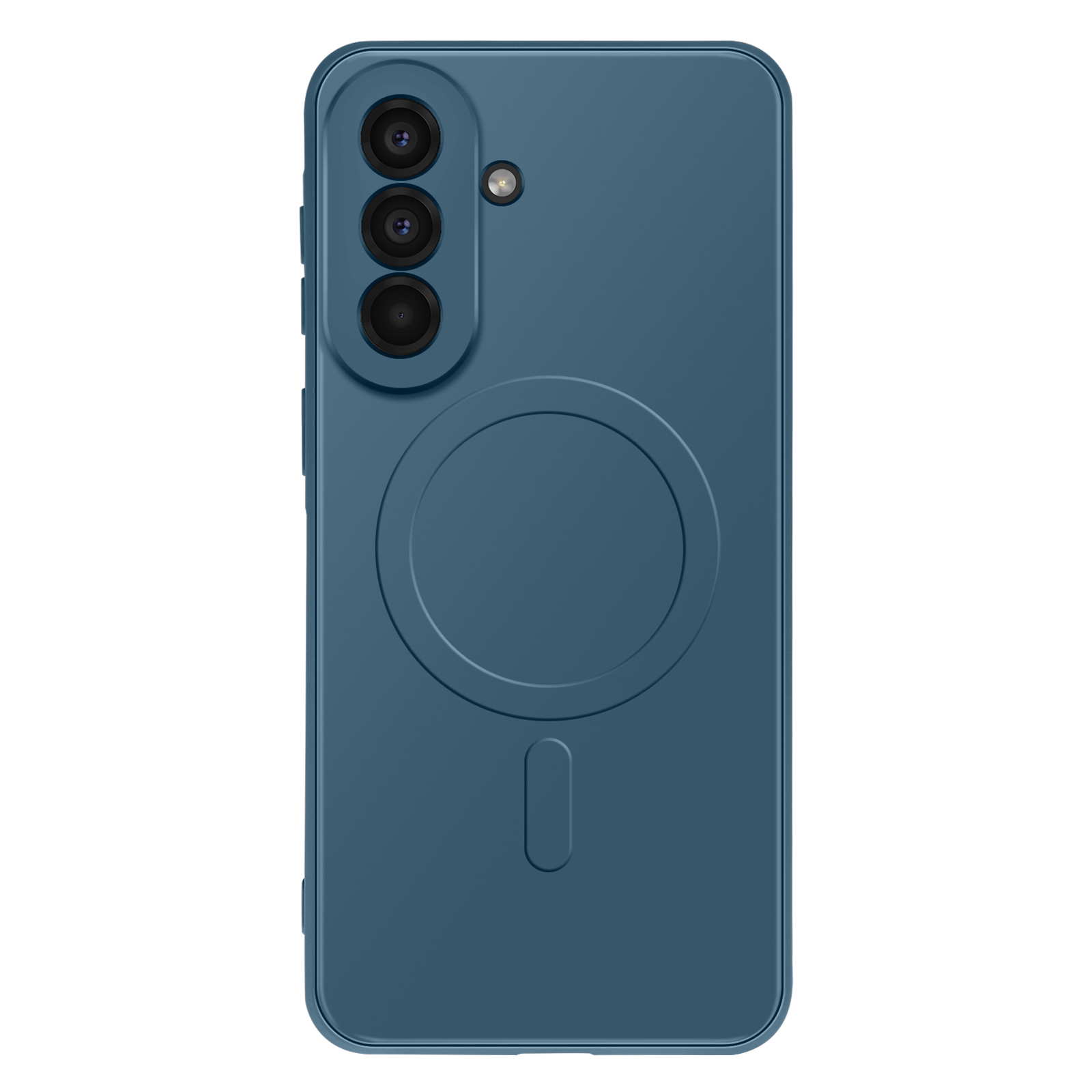 Blauw telefoonhoesje met drie camera's en magnetische oplaadring.