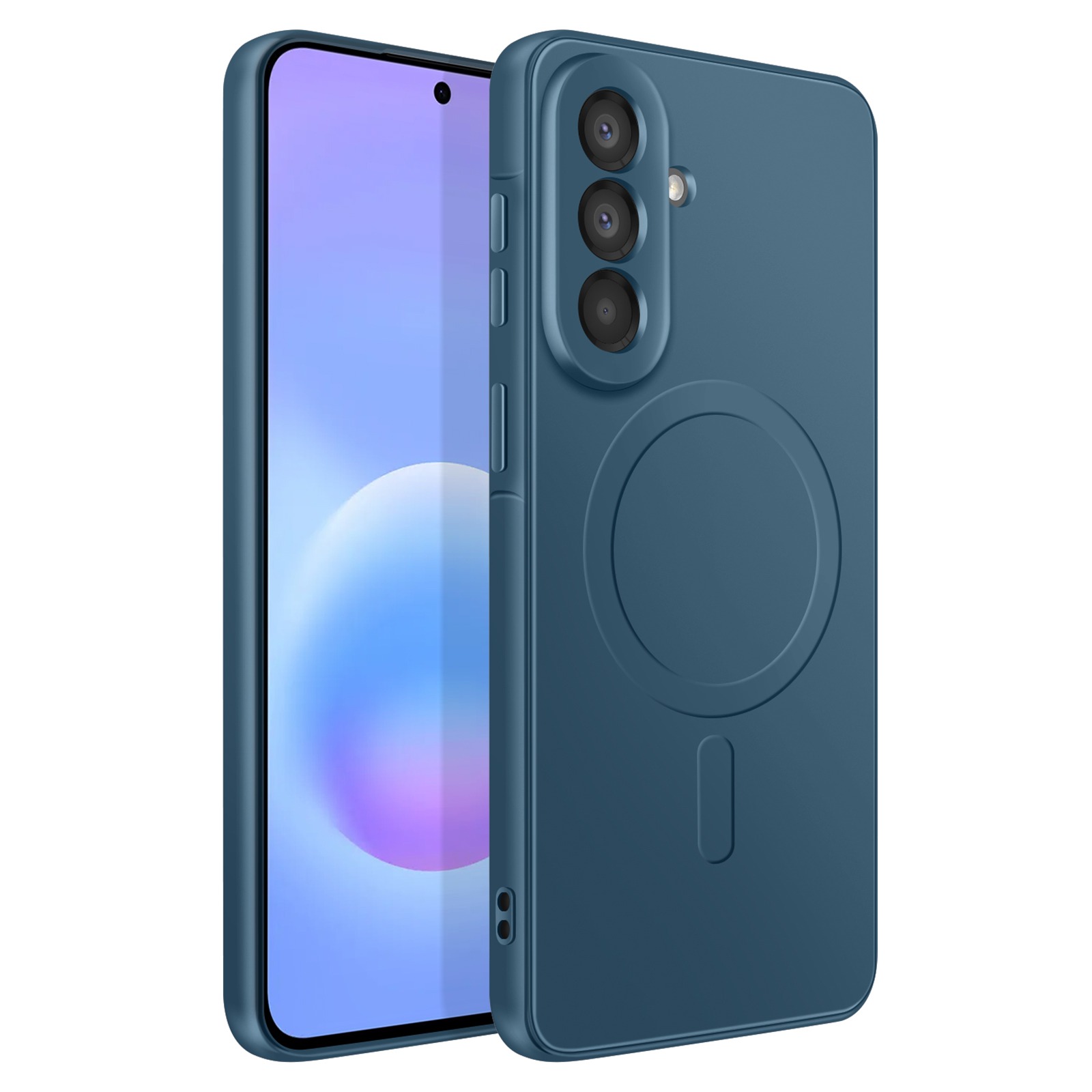 Blauw telefoonhoesje standaard met drie camera's en een magnetische cirkel.
