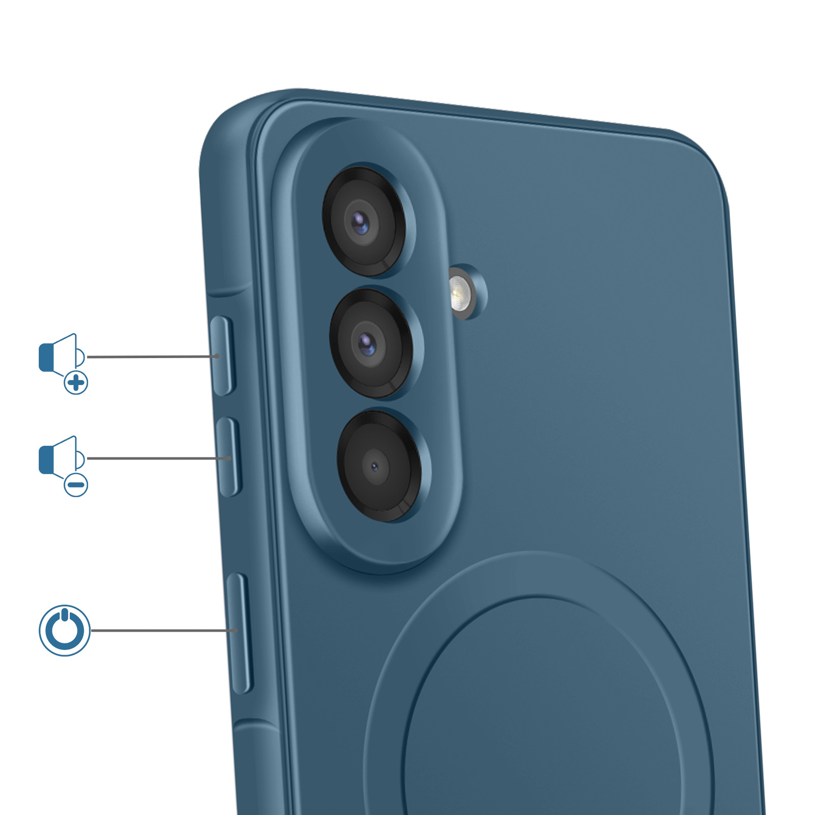 Blauw telefoonhoesje met drie camera's, flitser en volume-/aan/uit-knoppen.