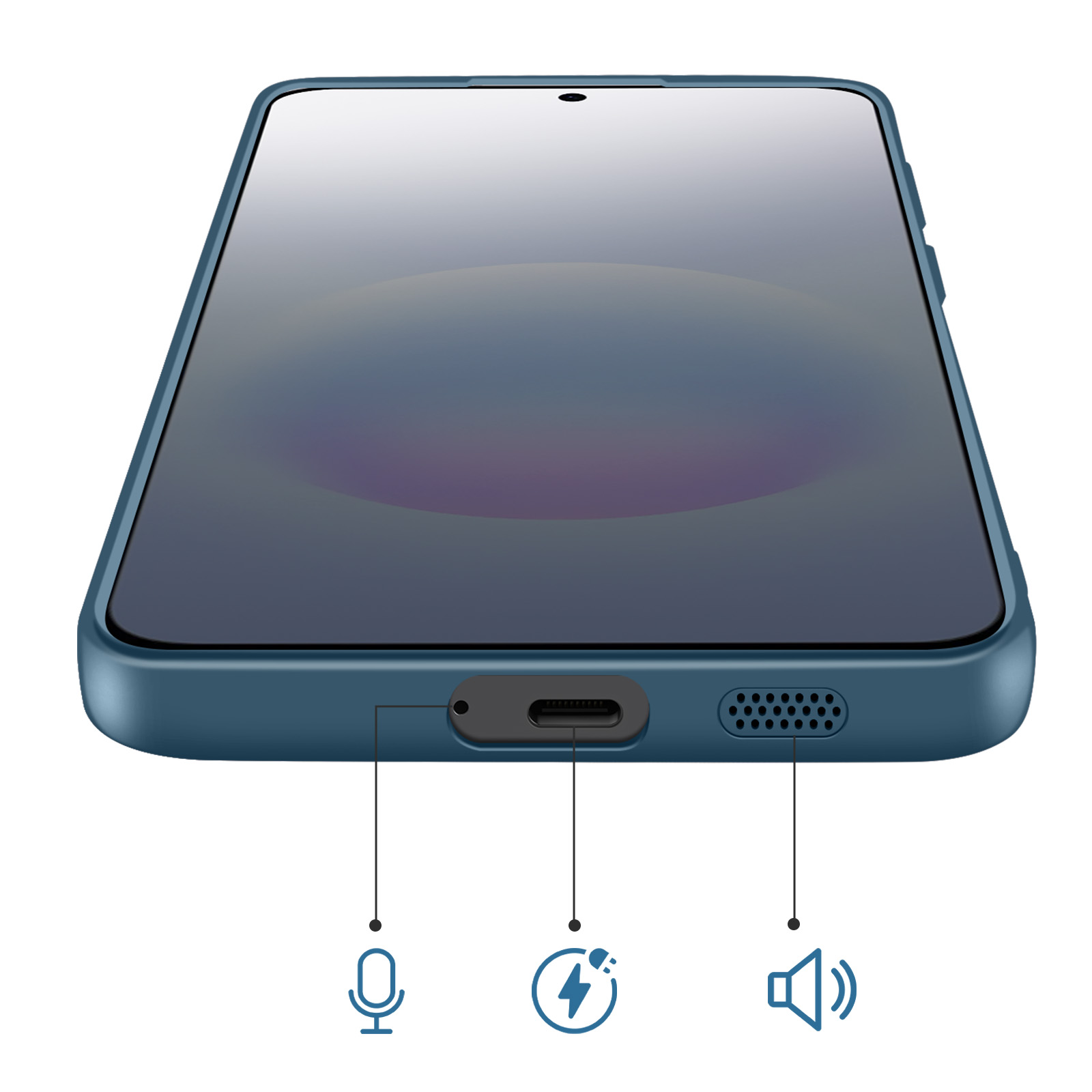 Bovenaanzicht van een blauwe smartphone met oplaadpoort, microfoon en luidspreker.