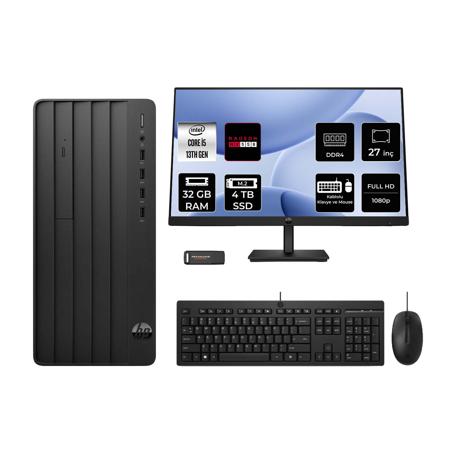 HP Pro Tower 290 G9 RX550/4GB 27" PER4 Bellek B70VKATPN836 Intel Core i5 13500 32 GB RAM 4 TB SSD FreeDOS Masaüstü Bilgisayar