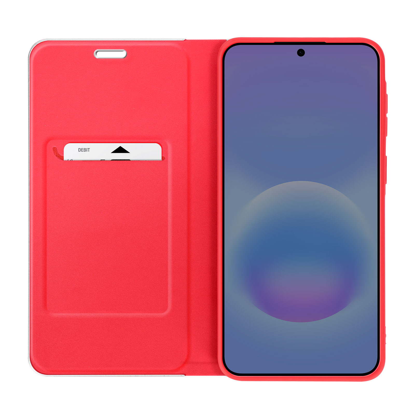 Rotes Handy-Flipcase mit Kartenschlitz und Smartphone.