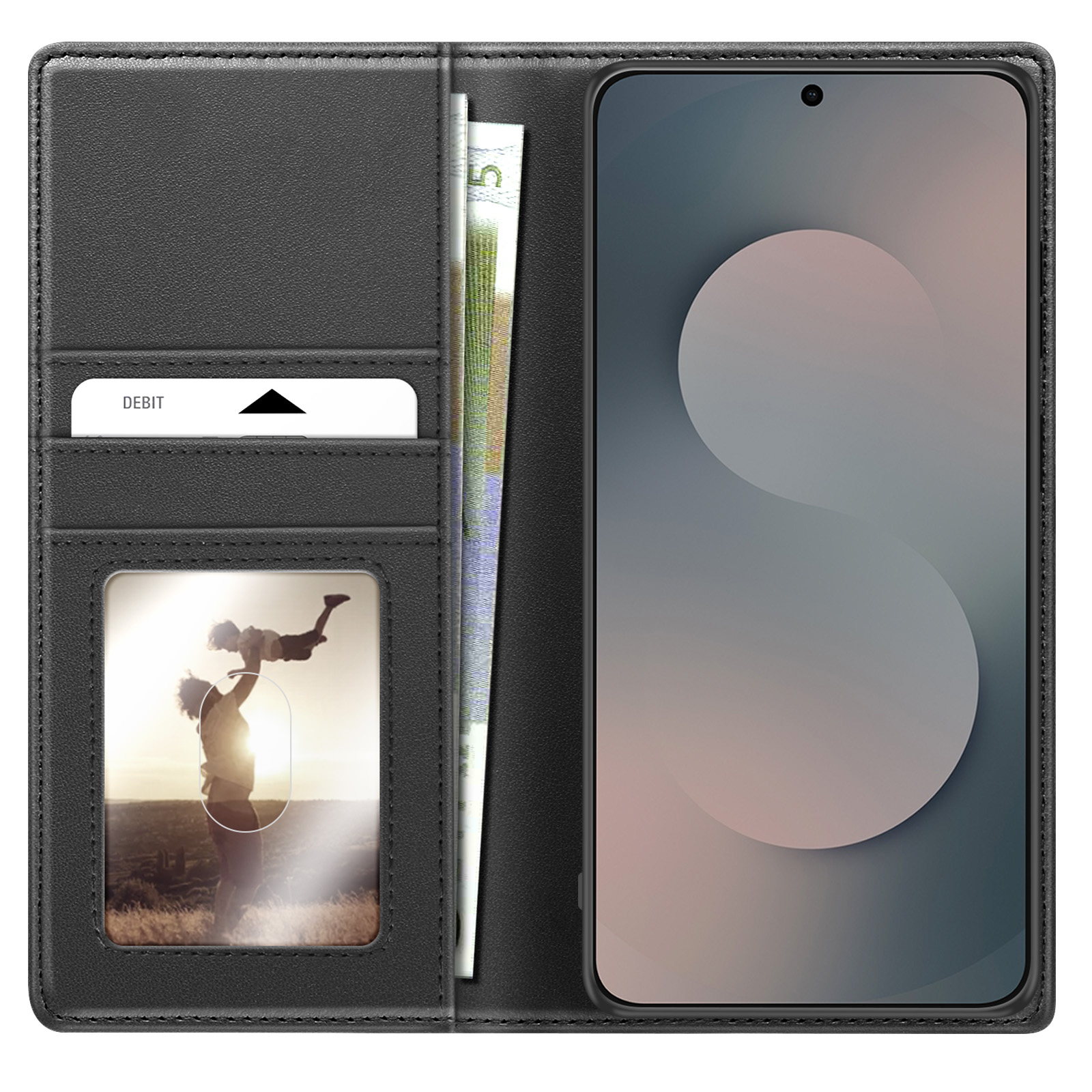 Schwarzes Portemonnaie mit Handy, Banknote und Foto von Eltern mit Kind.