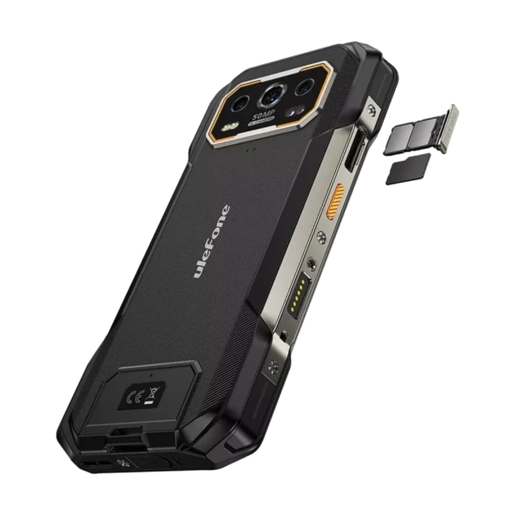 Wytrzymały smartfon z aparatem 50MP, tacka SIM wyjęta.