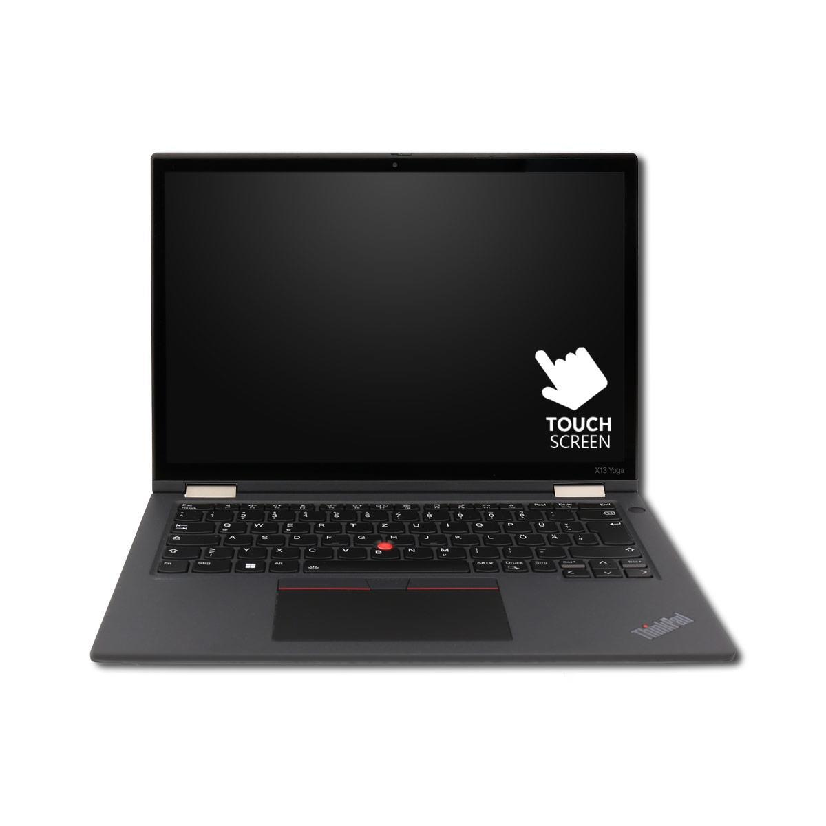 Ein dunkelgraues Lenovo ThinkPad X13 Yoga Laptop mit schwarzem Bildschirm und weißem Touchscreen-Symbol.