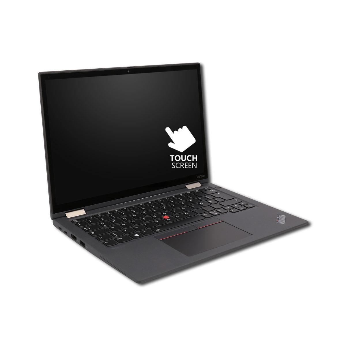 Ein geschlossener schwarzer Laptop mit Touchscreen-Symbol auf dem Bildschirm.