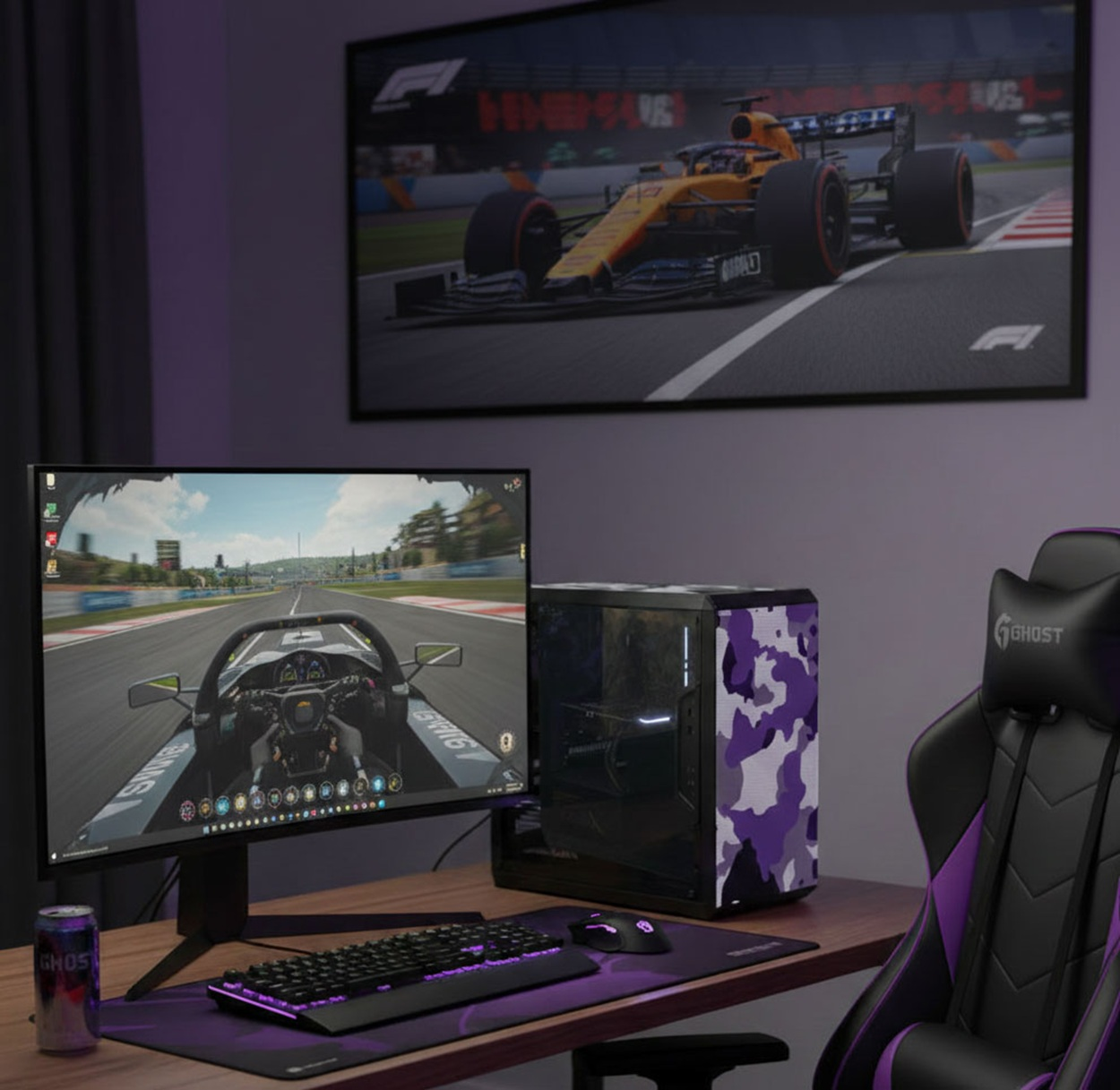 Zestaw do gier z grą wyścigową na monitorze i telewizorze.