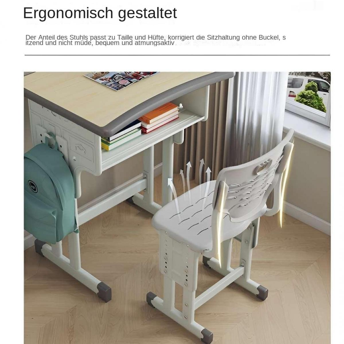 Ein weißer, ergonomischer Stuhl und Schreibtisch mit einem grünen Rucksack.