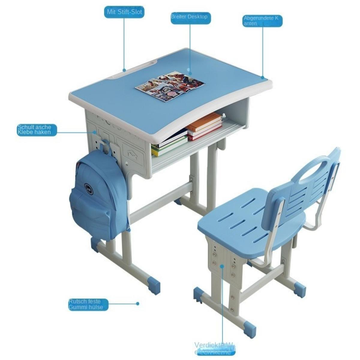 Ein blau-weißer Kinderschreibtisch mit Stuhl, Rucksack und Büchern.