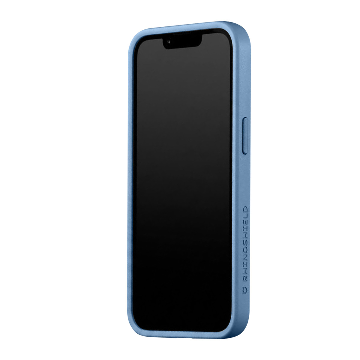 A blue phone case with a dark screen on a white background.