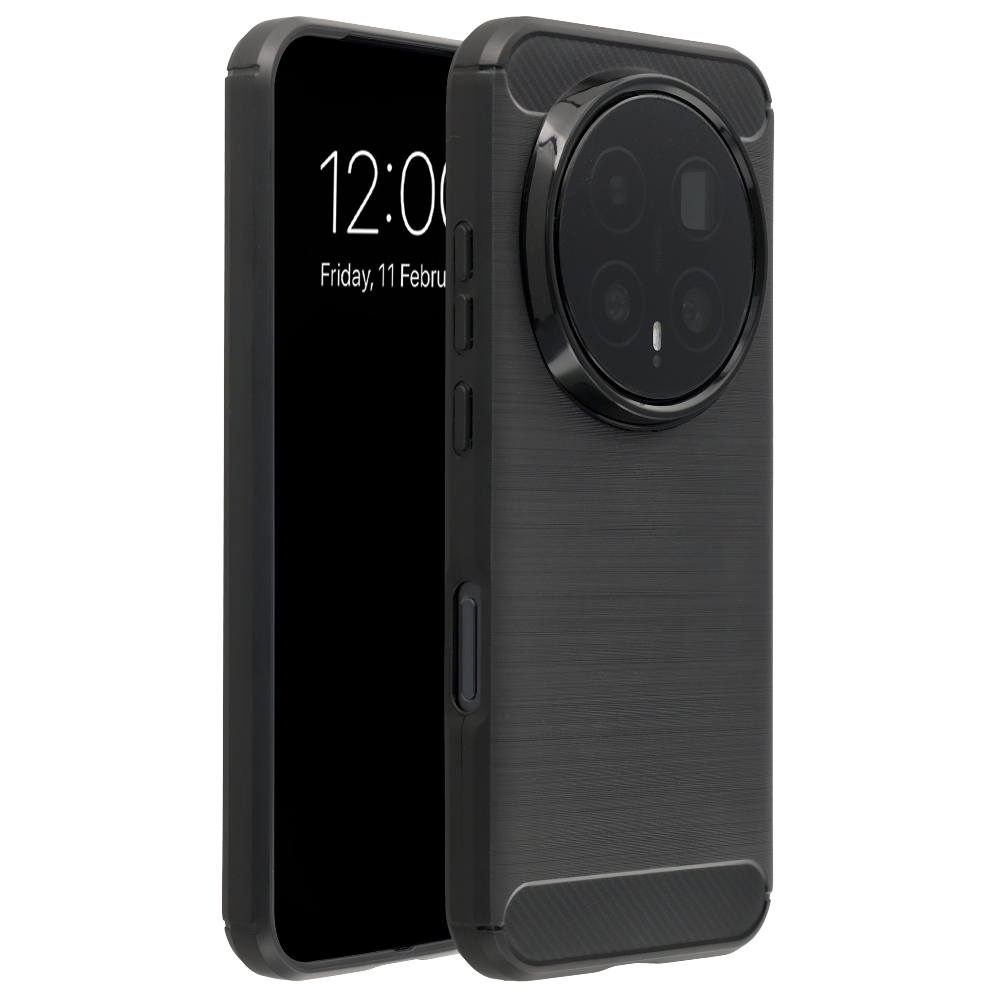 Zwarte smartphone met grote ronde cameramodule aan de achterkant.