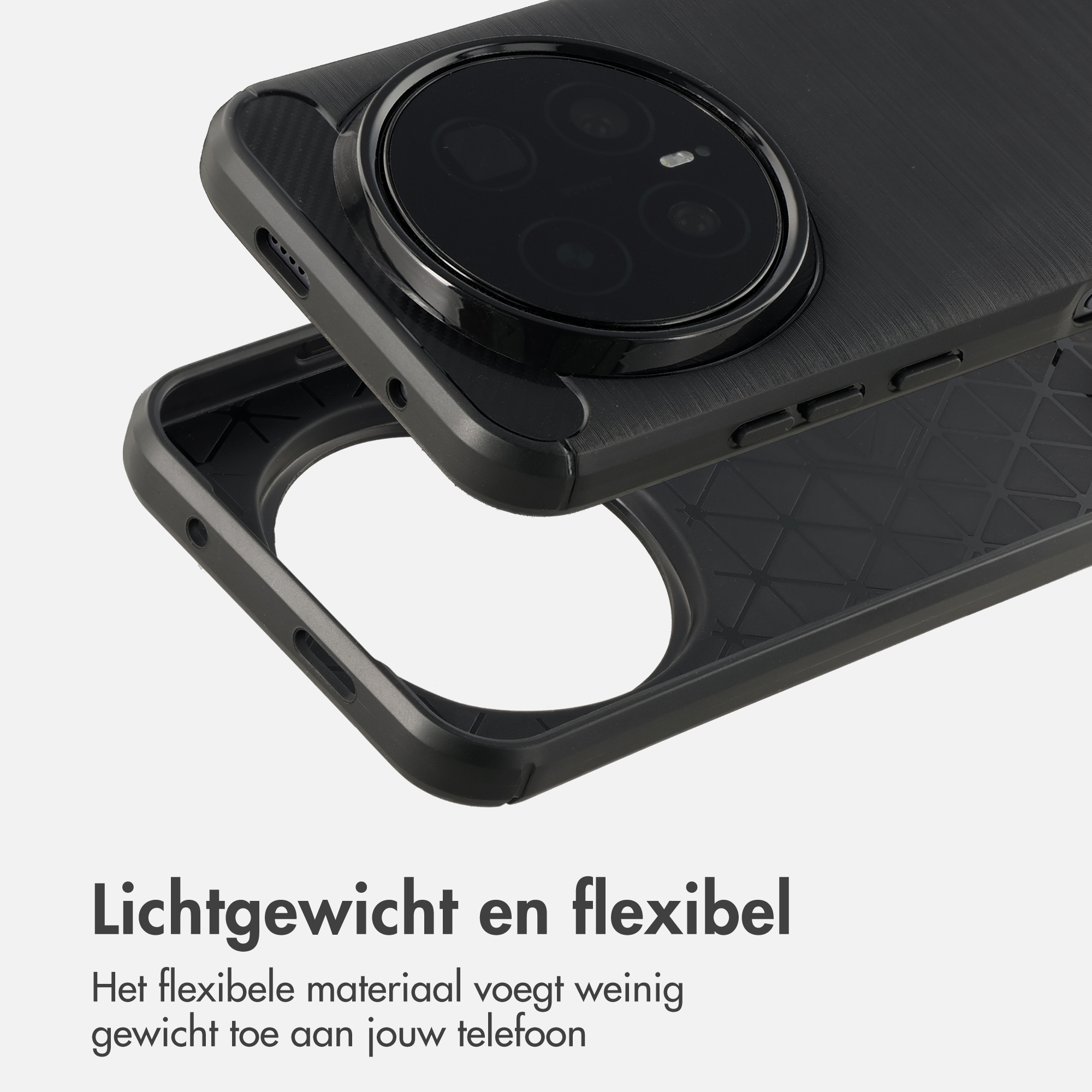 Zwarte telefoonhoes met cameramodule en tekst.