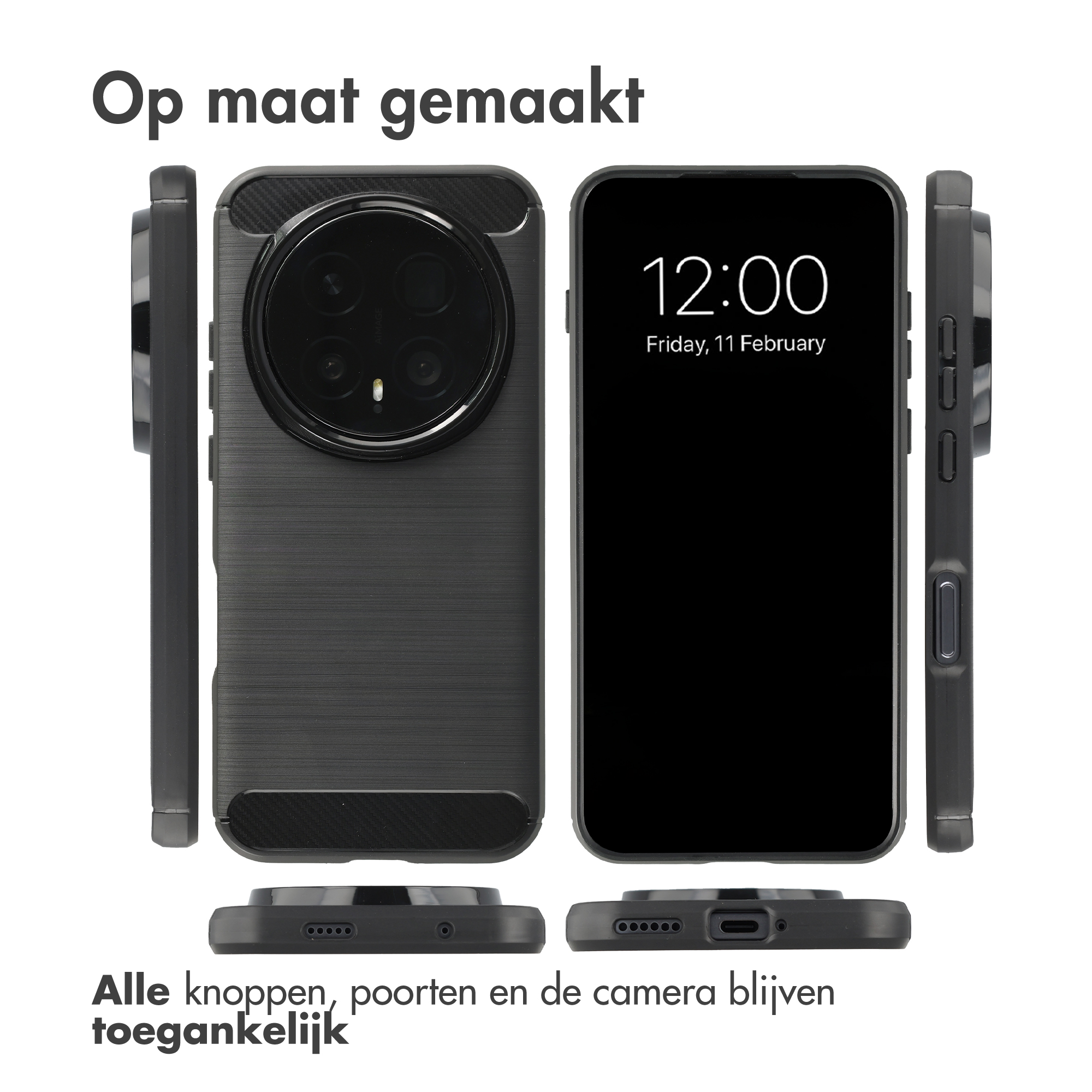 Vier aanzichten van een zwarte telefoonhoes met camera, knoppen en poorten.