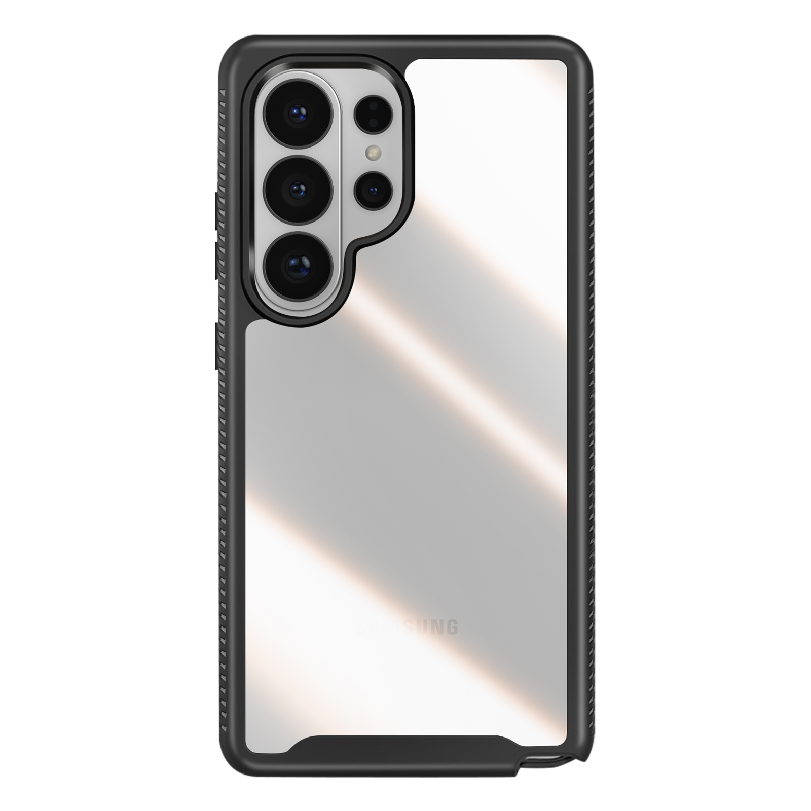 Een zwarte telefoonhoes met een doorzichtige achterkant en zichtbare cameralens.