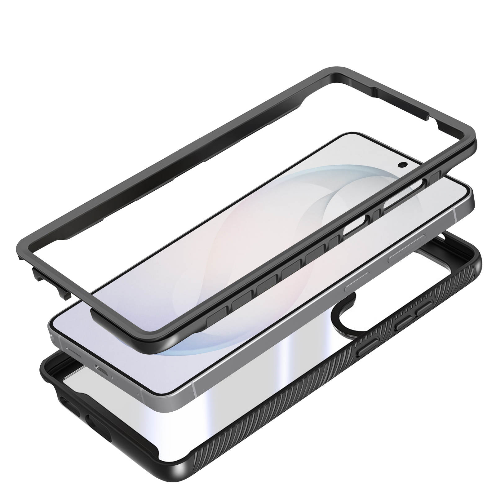 Gedemonteerde telefoonhoes: zwart frame, doorzichtig middendeel en zilveren telefoon.