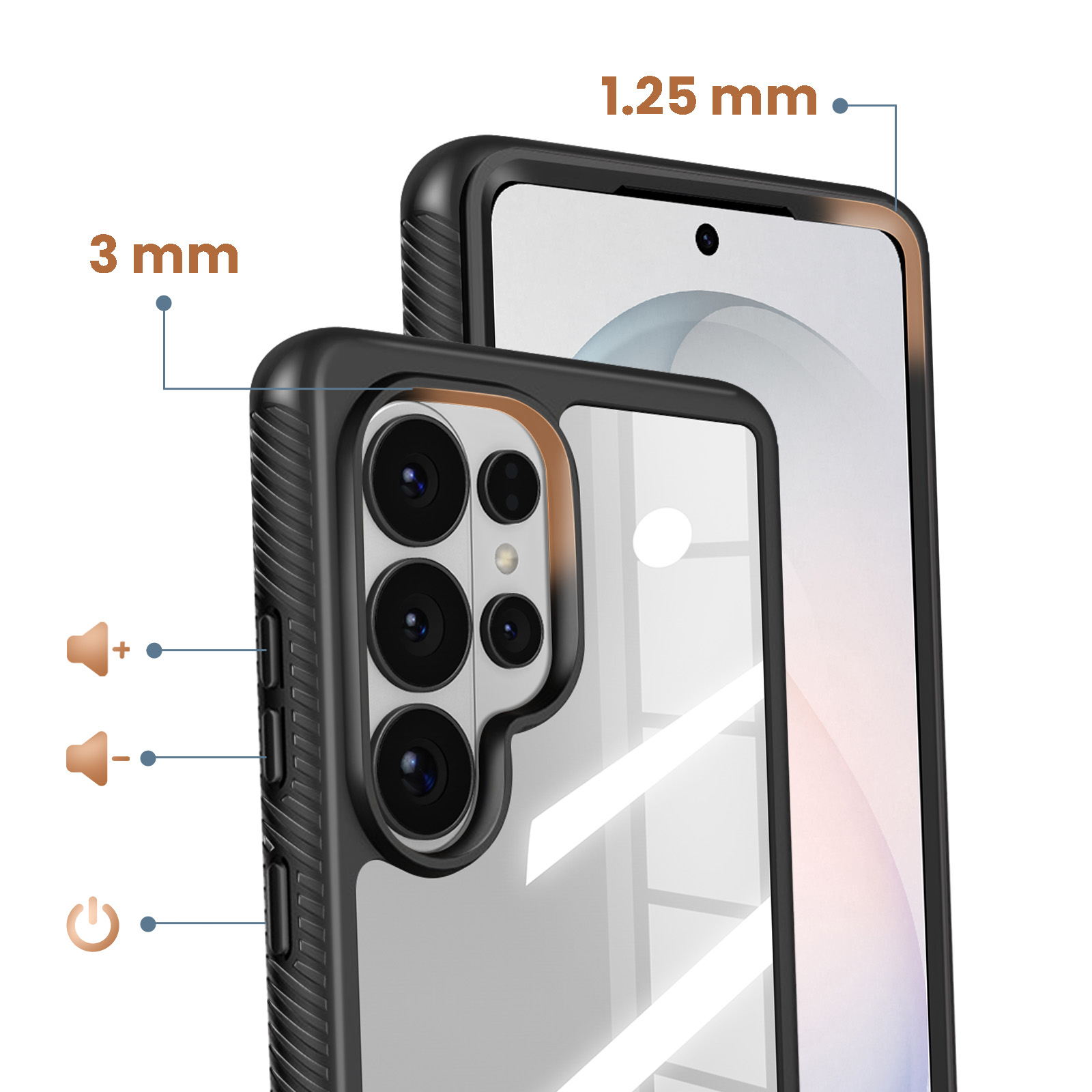 Zwarte telefoonhoes met cameralenzen en knoppen. Afmetingen 3mm & 1,25mm.